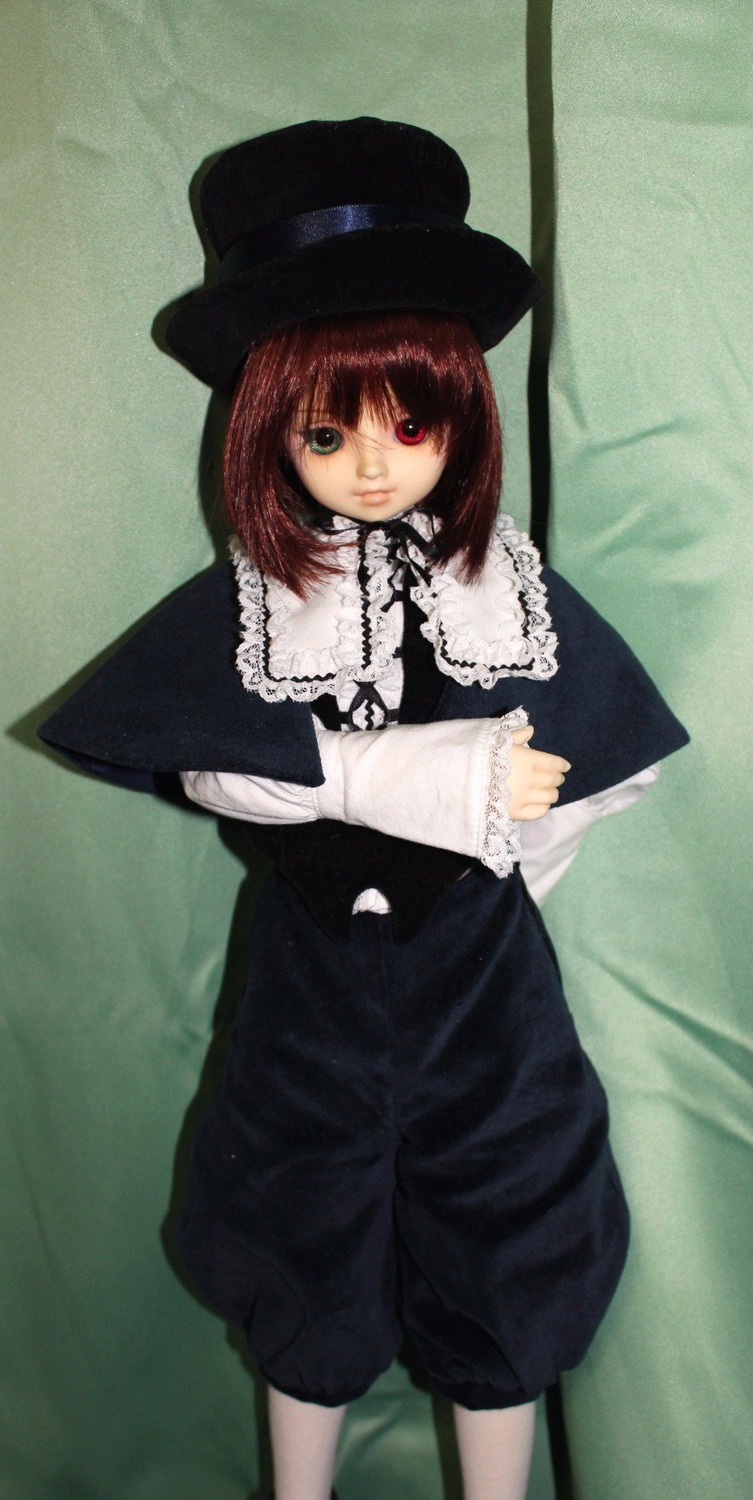 1girl bangs brown_hair capelet doll expressionless frills hat heterochromia long_sleeves looking_at_viewer red_eyes short_hair solo souseiseki top_hat