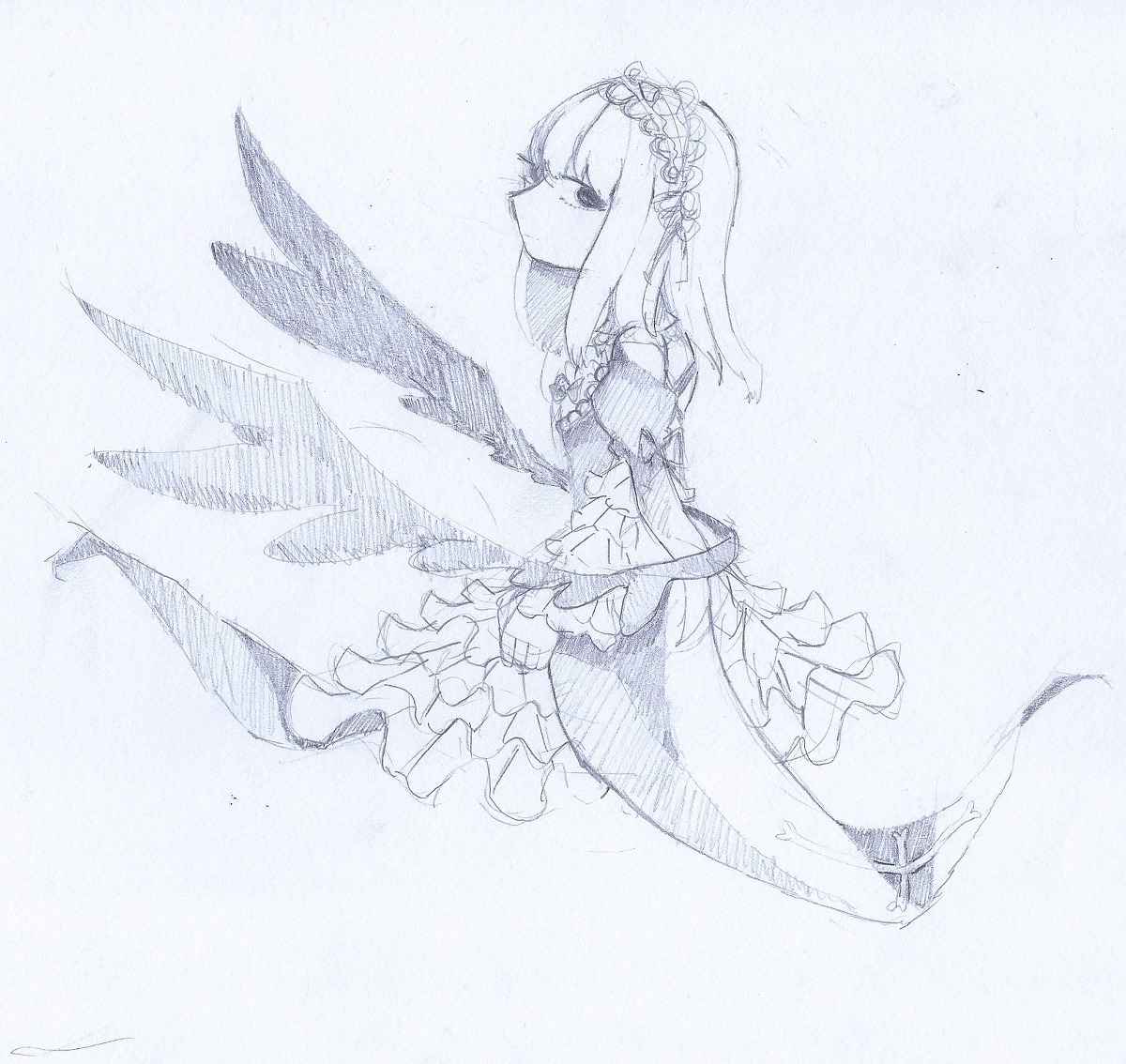 1girl bangs blue_theme closed_mouth dress frills from_side full_body hairband image long_sleeves monochrome signature solo suigintou wide_sleeves wings