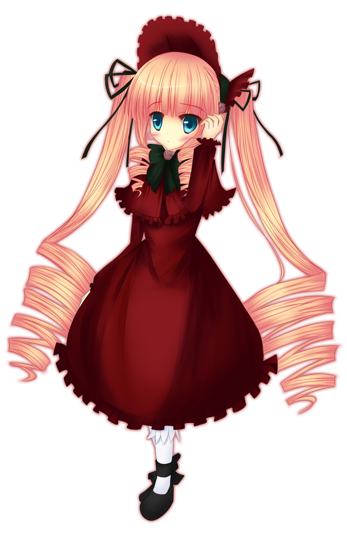 1girl 86800 blonde_hair blue_eyes blush bow bowtie dress drill_hair full_body image long_hair long_sleeves looking_at_viewer red_dress ringlets shinku shoes simple_background solo standing twin_drills twintails very_long_hair white_background white_legwear