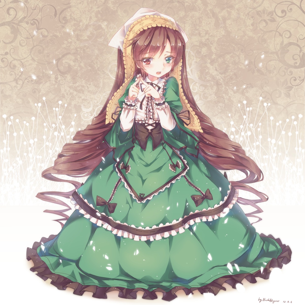 1girl absurdres blush bow brown_hair commentary_request dress drill_hair frills gothic_lolita green_dress green_eyes heterochromia highres image lolita_fashion long_hair long_sleeves looking_at_viewer north_abyssor open_mouth red_eyes ribbon rozen_maiden solo suiseiseki twin_drills very_long_hair