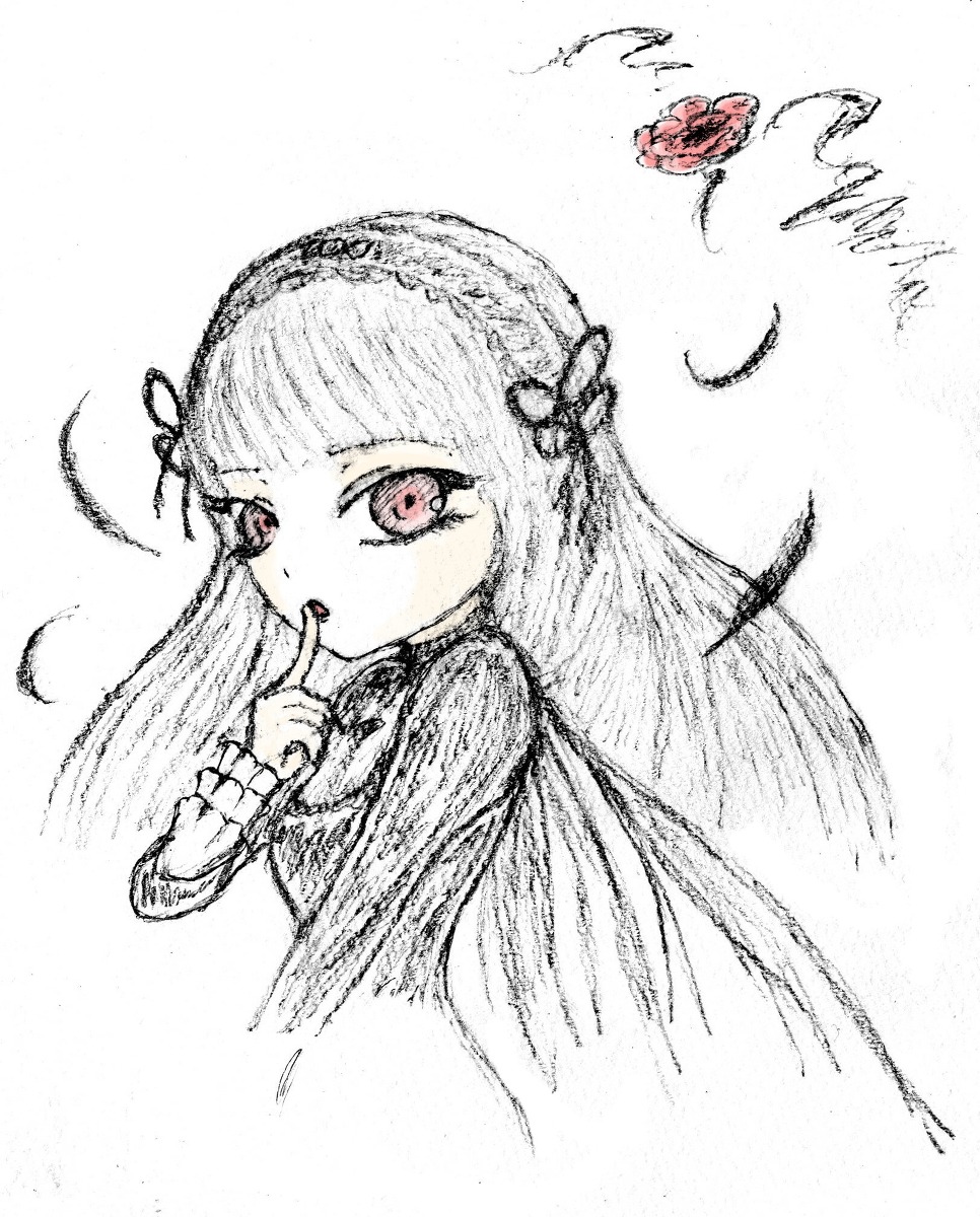 1girl bangs feathers finger_to_mouth hair_ornament image index_finger_raised long_hair looking_at_viewer monochrome red_eyes simple_background solo spot_color suigintou traditional_media upper_body white_background