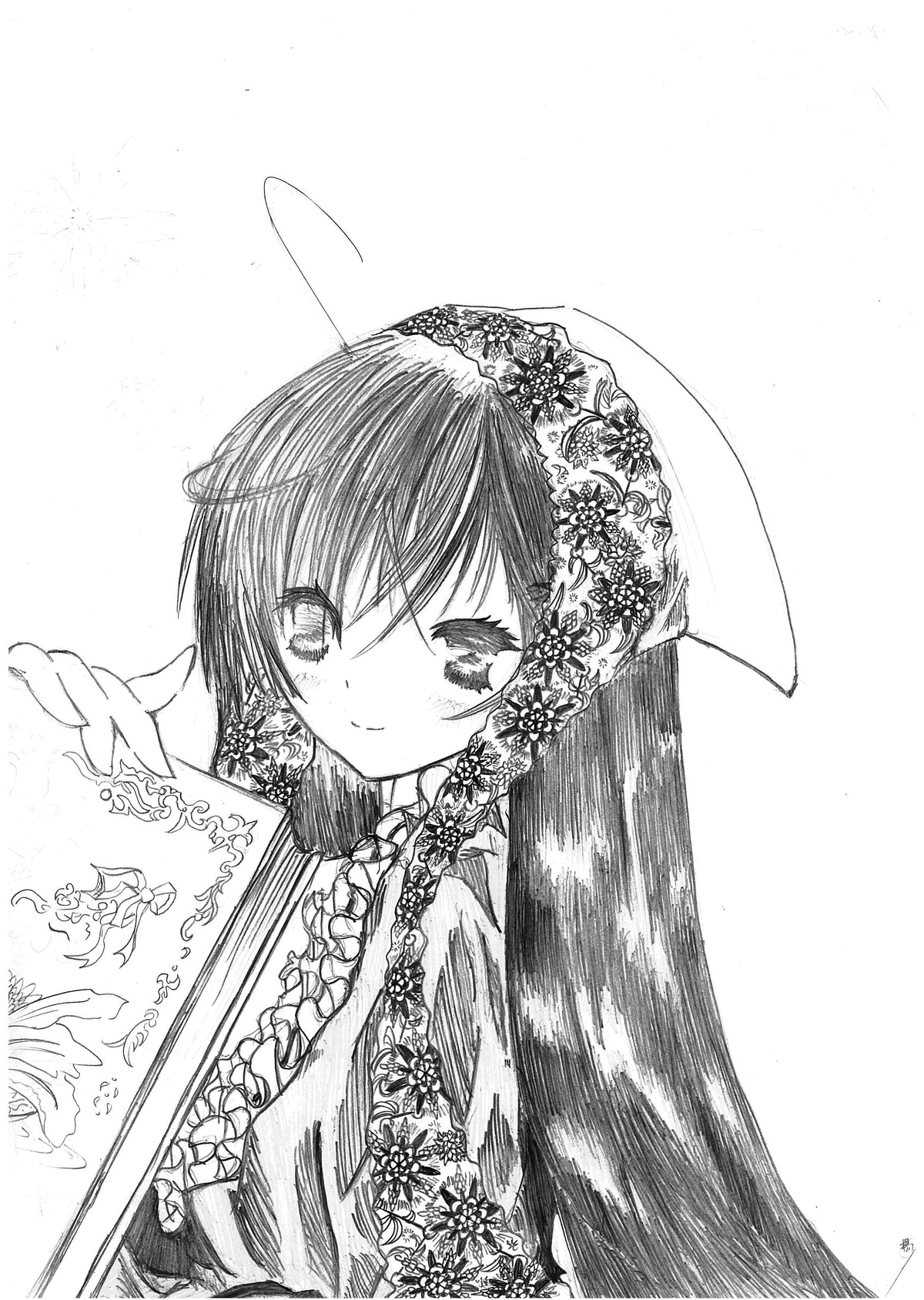 1girl blush greyscale hair_ornament image long_hair looking_at_viewer monochrome smile solo suiseiseki upper_body white_background