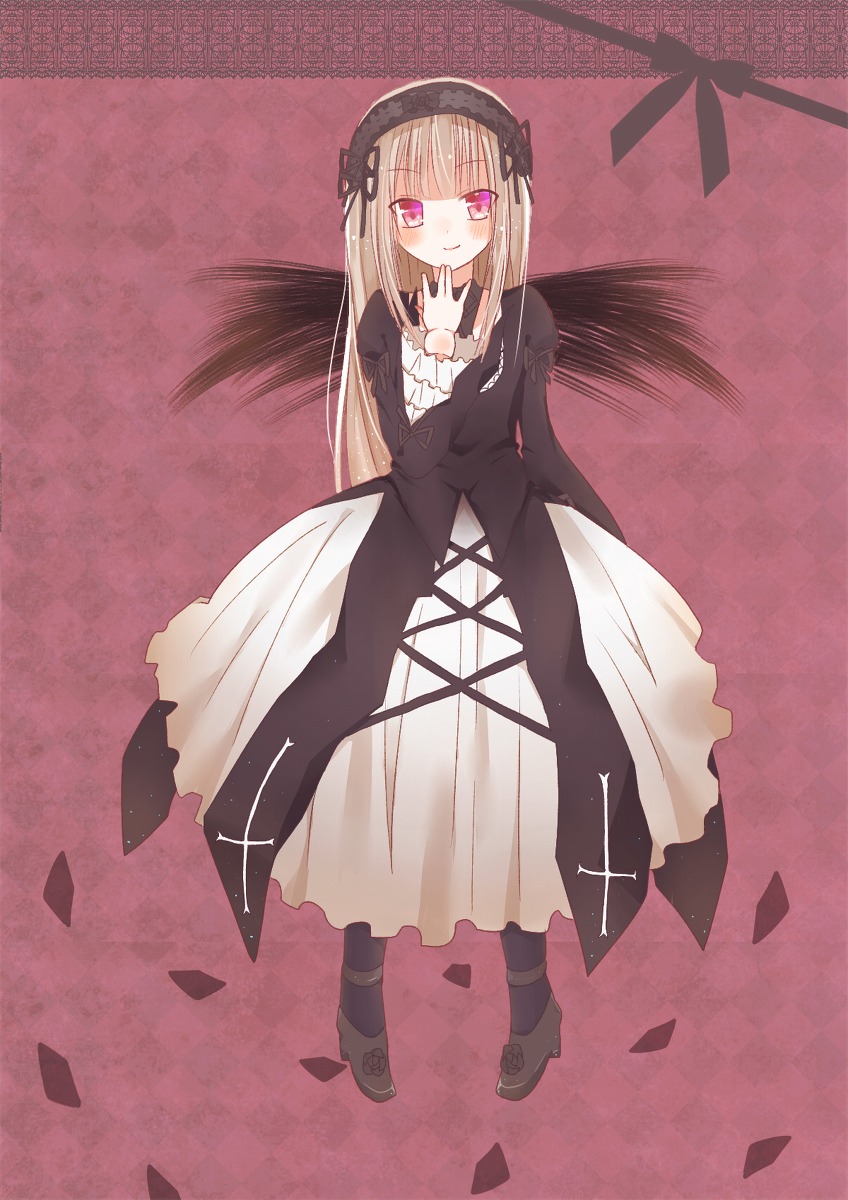 1girl bangs black_wings blush dress flower full_body hairband image long_hair long_sleeves looking_at_viewer pink_eyes smile solo suigintou wings