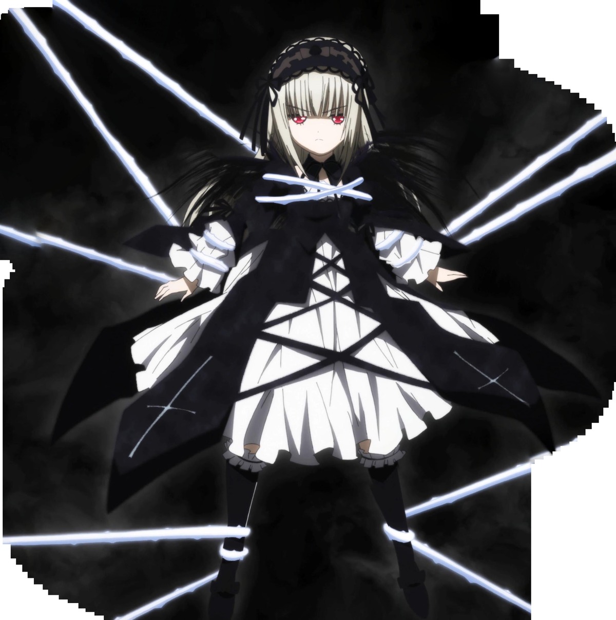 1girl black_wings dress frills full_body hairband image lolita_hairband long_hair long_sleeves looking_at_viewer red_eyes ribbon silver_hair solo standing suigintou weapon wings