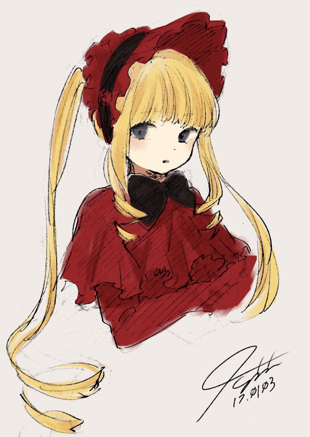 1girl bangs blonde_hair blush bonnet bow cropped_torso dated eyebrows_visible_through_hair grey_background image long_hair looking_at_viewer parted_lips shinku signature simple_background solo upper_body