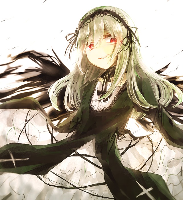 1girl black_dress black_ribbon black_wings detached_collar dress feathers frills hairband image lolita_hairband long_hair long_sleeves looking_at_viewer puffy_sleeves red_eyes ribbon silver_hair smile solo suigintou wings