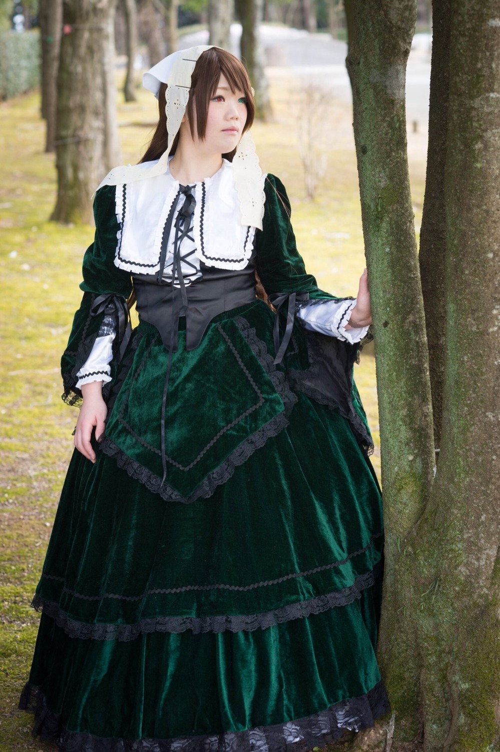 1girl 3d black_dress blurry brown_hair dress frills long_sleeves outdoors photo skirt_hold solo standing suiseiseki