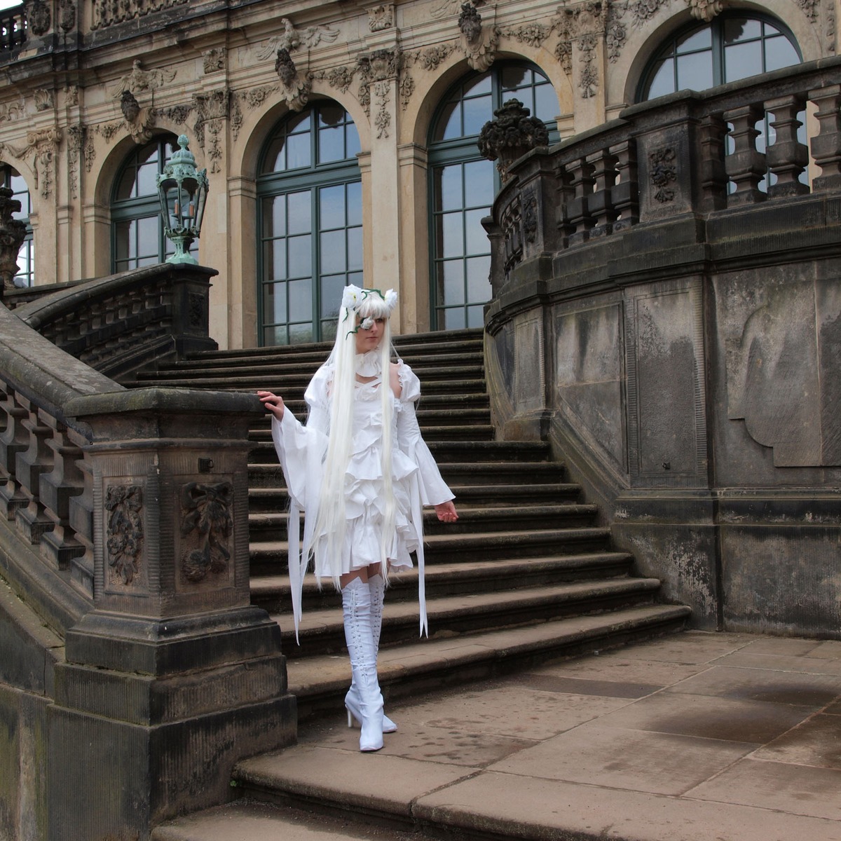 1girl animal_ears dress high_heels holding indoors kirakishou long_hair see-through solo standing weapon white_dress white_footwear white_hair window