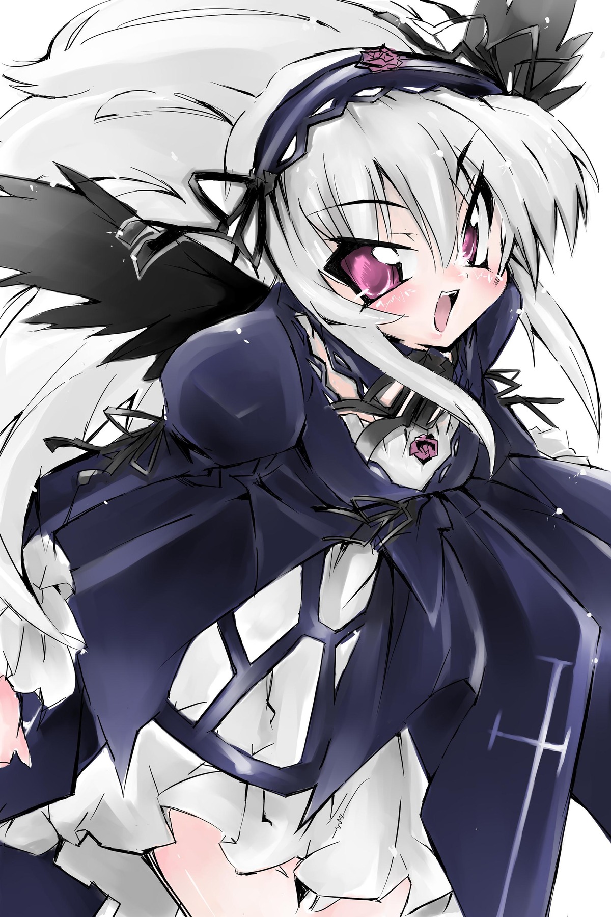 1girl black_wings blush dress flower frills hairband image juliet_sleeves lolita_hairband long_hair long_sleeves looking_at_viewer open_mouth pink_eyes puffy_sleeves rose silver_hair solo suigintou torn_clothes white_background wings