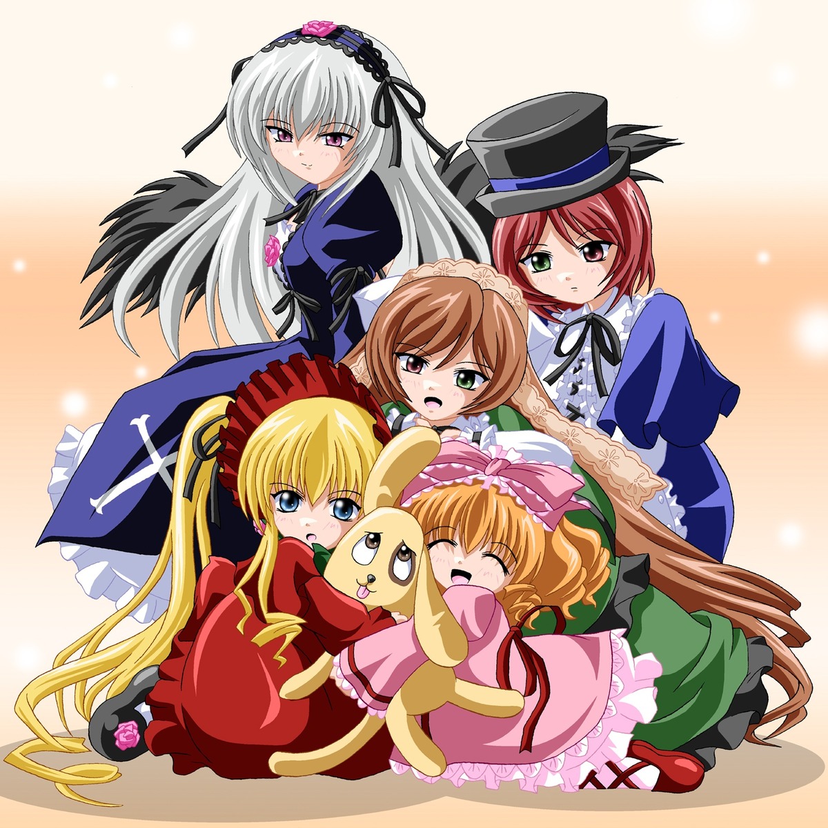 blonde_hair bonnet bow brown_hair closed_eyes dress frills hairband hat heterochromia hina_ichigo image long_hair long_sleeves multiple multiple_girls open_mouth pink_bow pink_dress red_dress shinku short_hair silver_hair souseiseki suigintou suiseiseki tagme tears twintails very_long_hair wings