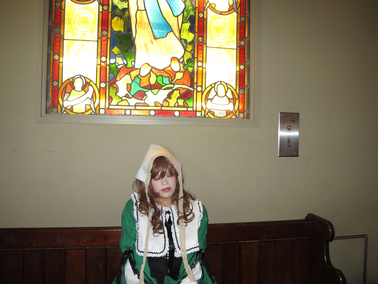 1girl brown_hair closed_eyes dress green_dress hood solo suiseiseki