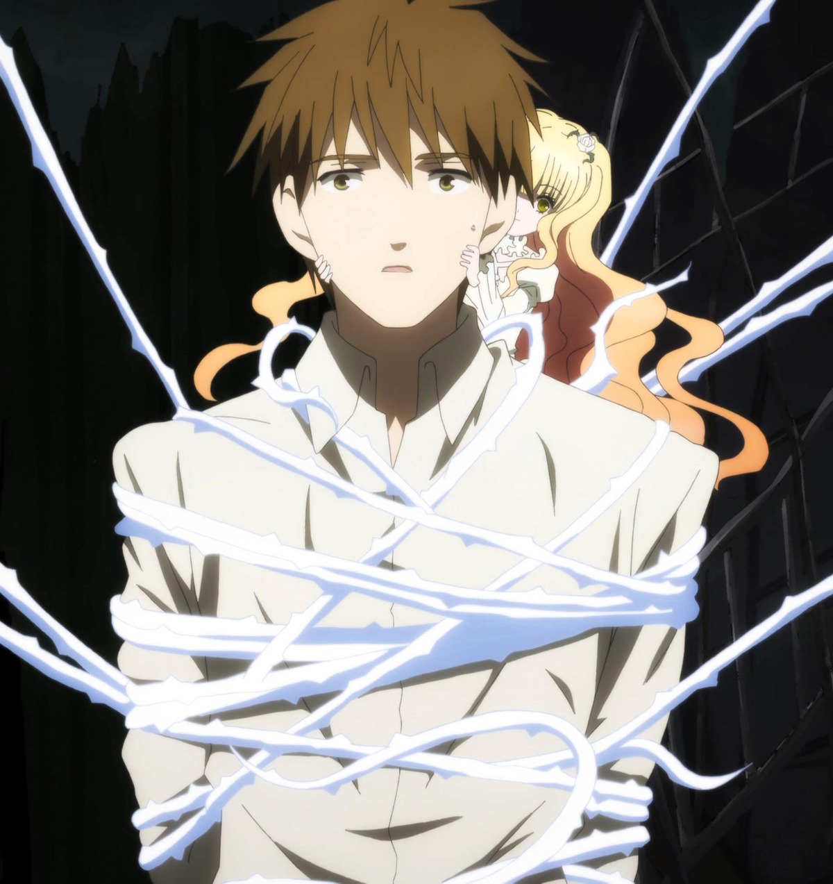 1boy 1girl bandages blonde_hair brown_hair dress electricity image kirakishou long_hair shirt silk solo spider_web yellow_eyes