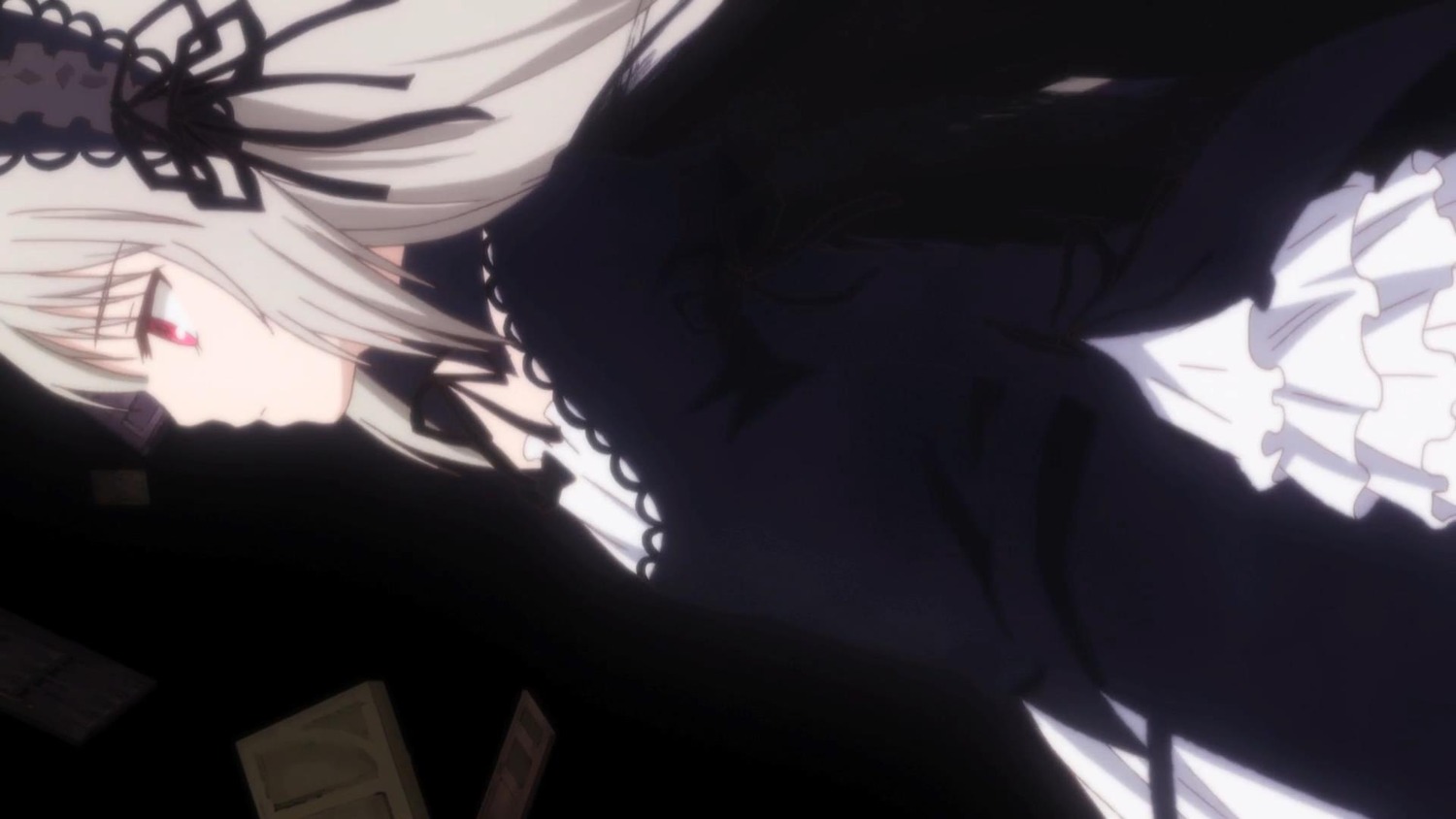 1girl black_dress black_ribbon black_wings closed_mouth dress frills hairband image long_hair long_sleeves profile red_eyes ribbon rose silver_hair simple_background solo suigintou wings