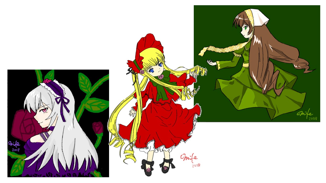 3girls blonde_hair blue_eyes bonnet bow brown_hair dress drill_hair flower green_eyes hat head_scarf image long_hair long_sleeves looking_at_viewer multiple multiple_girls red_dress shinku suigintou suiseiseki tagme very_long_hair wings