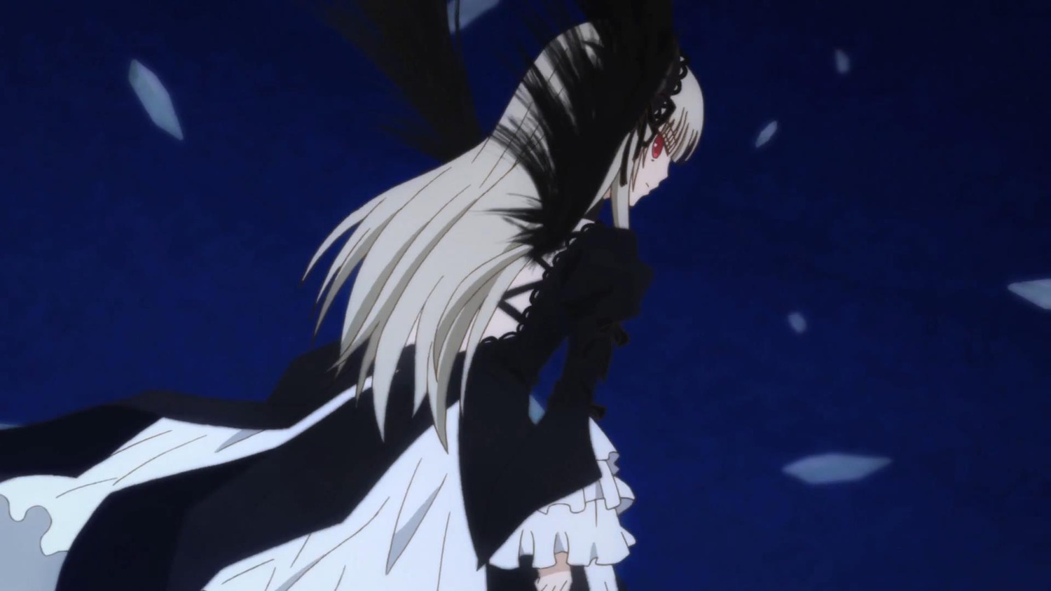 1girl black_dress dress flower frilled_sleeves frills hairband image long_hair long_sleeves petals profile red_eyes silver_hair solo standing suigintou very_long_hair wide_sleeves wings