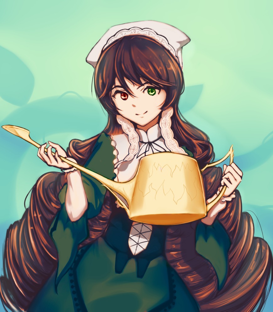 1girl brown_hair corset cowboy_shot dress frills green_background green_dress green_eyes hat head_scarf heterochromia holding image long_hair long_sleeves looking_at_viewer red_eyes smile solo suiseiseki very_long_hair