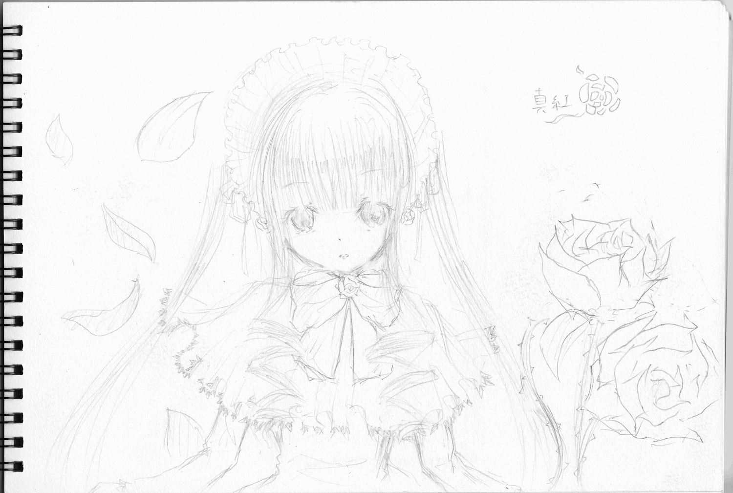 1girl blush dress flower image long_hair looking_at_viewer monochrome rose shinku simple_background solo traditional_media