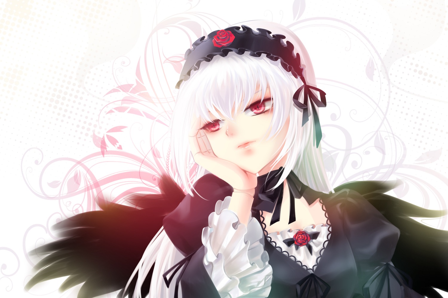 1girl black_ribbon black_wings detached_collar dress feathers flower frills hairband image long_hair long_sleeves looking_at_viewer puffy_sleeves red_eyes rose silver_hair solo suigintou upper_body wings
