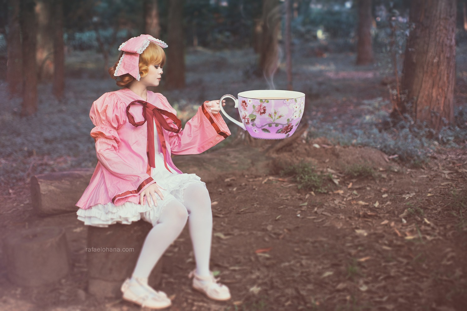 1girl blurry bow brown_hair depth_of_field dress hinaichigo outdoors pink_dress short_hair sitting solo white_legwear