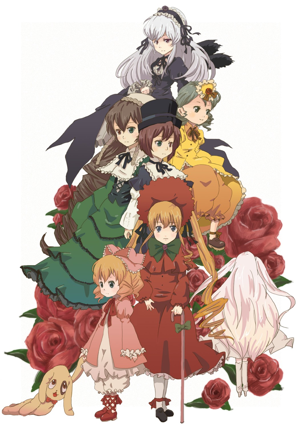 6+girls blonde_hair blue_eyes bonnet boots bow brown_eyes brown_hair cane commentary_request dress drill_hair flower frills fujihara green_eyes green_hair hair_ornament hairband hat heterochromia highres hina_ichigo image kanaria kirakishou kunkun long_hair long_sleeves multiple multiple_girls pink_bow pink_hair purple_eyes red_flower red_rose rose rozen_maiden shinku short_hair silver_hair souseiseki stuffed_animal stuffed_dog suigintou suiseiseki tagme wings