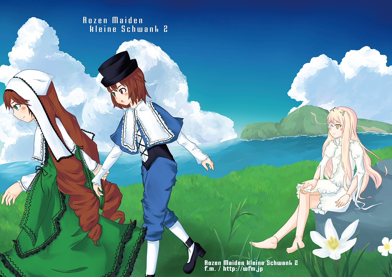 3girls barefoot blue_sky boots brown_hair cloud day dress flower grass hat image long_hair long_sleeves mountain multiple multiple_girls outdoors pants short_hair sitting sky smile souseiseki tagme very_long_hair white_dress