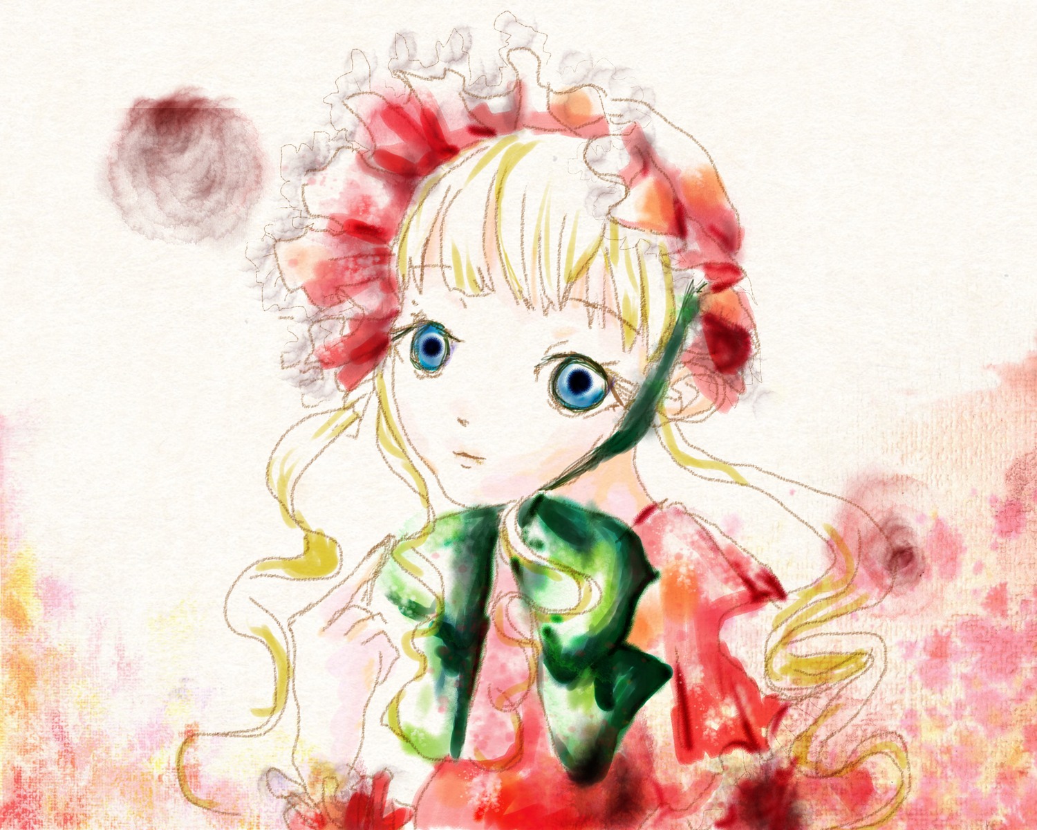 1girl blonde_hair blue_eyes bonnet bow bowtie dress flower hat image long_hair looking_at_viewer red_flower red_rose rose shinku solo traditional_media upper_body