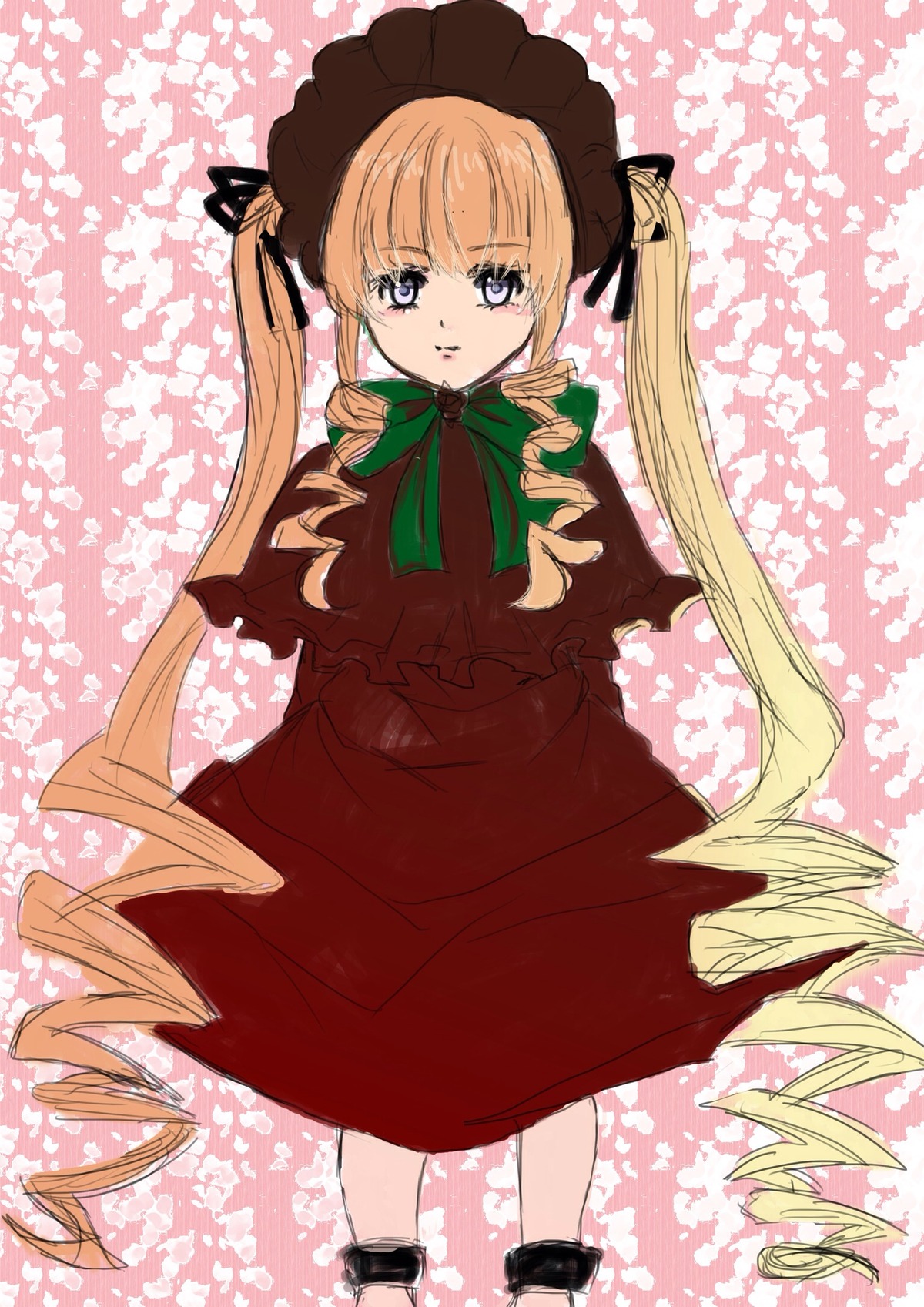 1girl auto_tagged blonde_hair blue_eyes bonnet bow capelet dress drill_hair image long_hair long_sleeves looking_at_viewer ribbon ringlets shinku smile solo twin_drills twintails very_long_hair