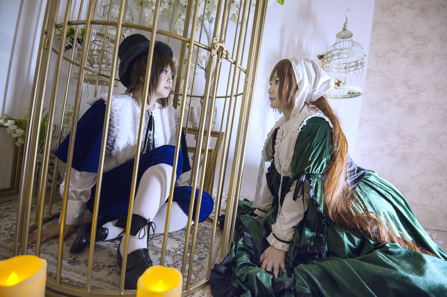 blonde_hair brown_hair dress indoors long_sleeves multiple_cosplay profile standing tagme window