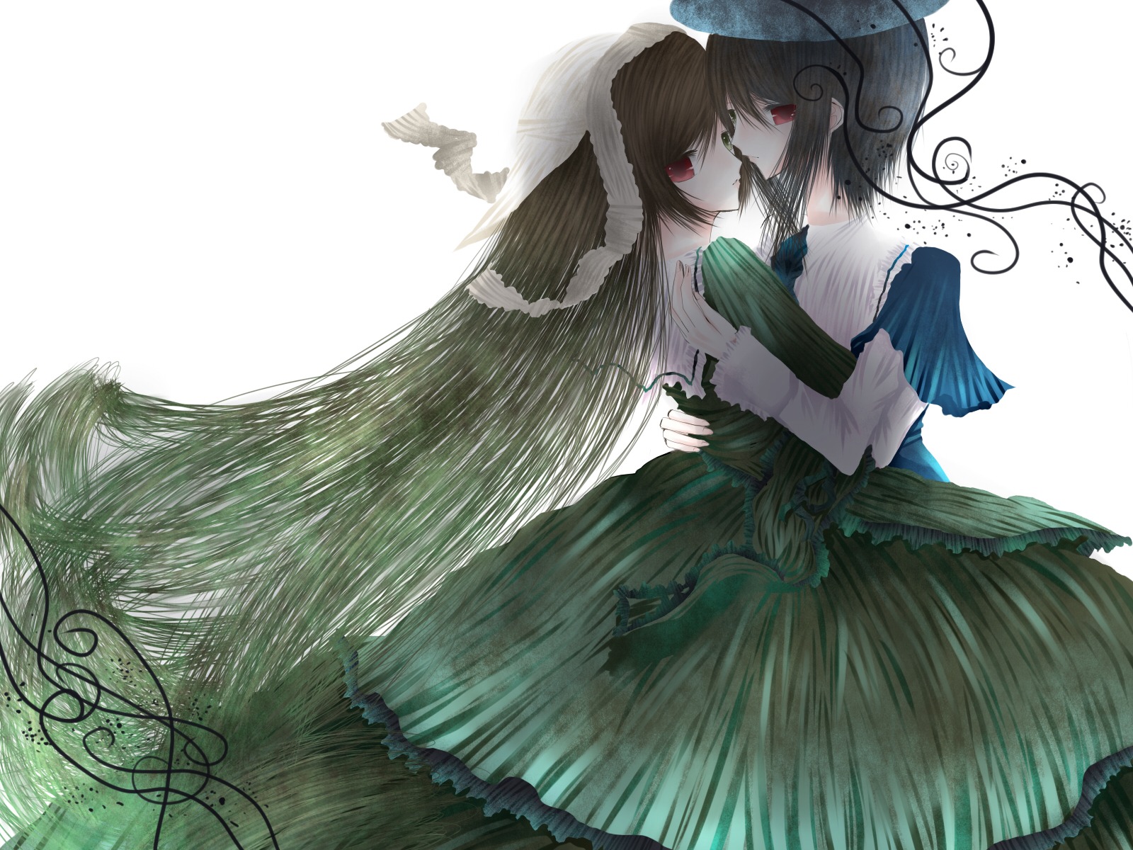 2girls black_wings bonnet brown_hair dress feathers frills green_dress holding_hands image incest lolita_fashion long_hair long_sleeves multiple_girls pair red_eyes siblings sisters souseiseki suiseiseki twins very_long_hair yuri