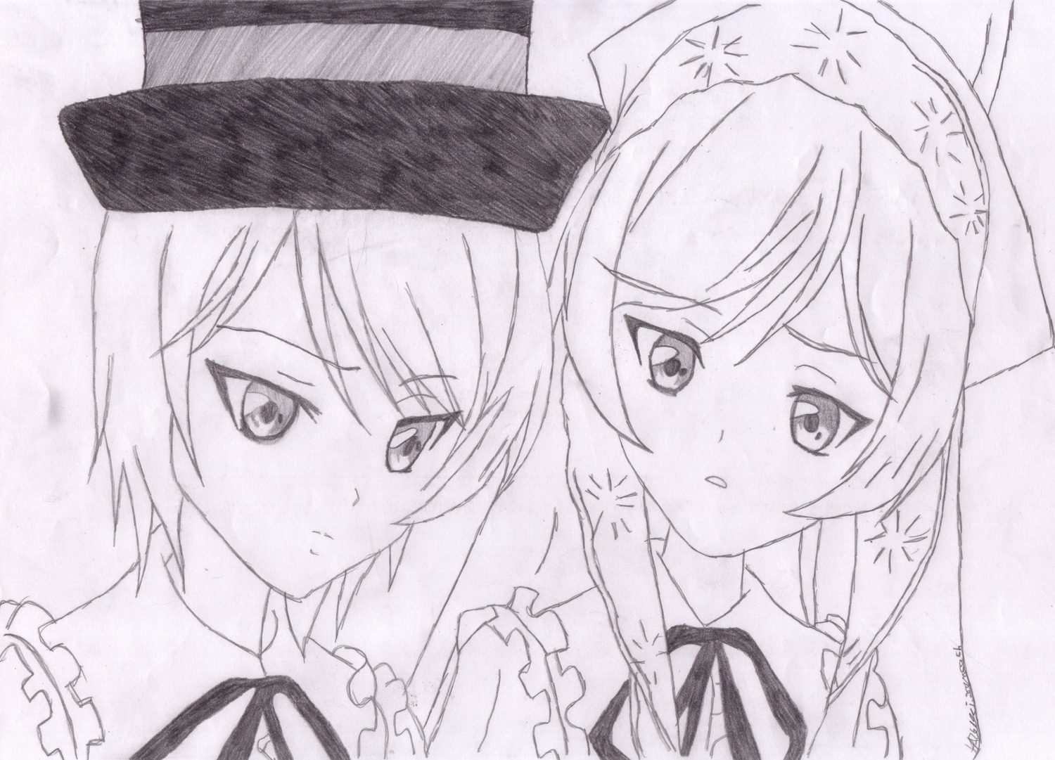 2girls blush frills hat image monochrome multiple_girls neck_ribbon pair ribbon short_hair siblings sisters souseiseki star_(symbol) suiseiseki twins