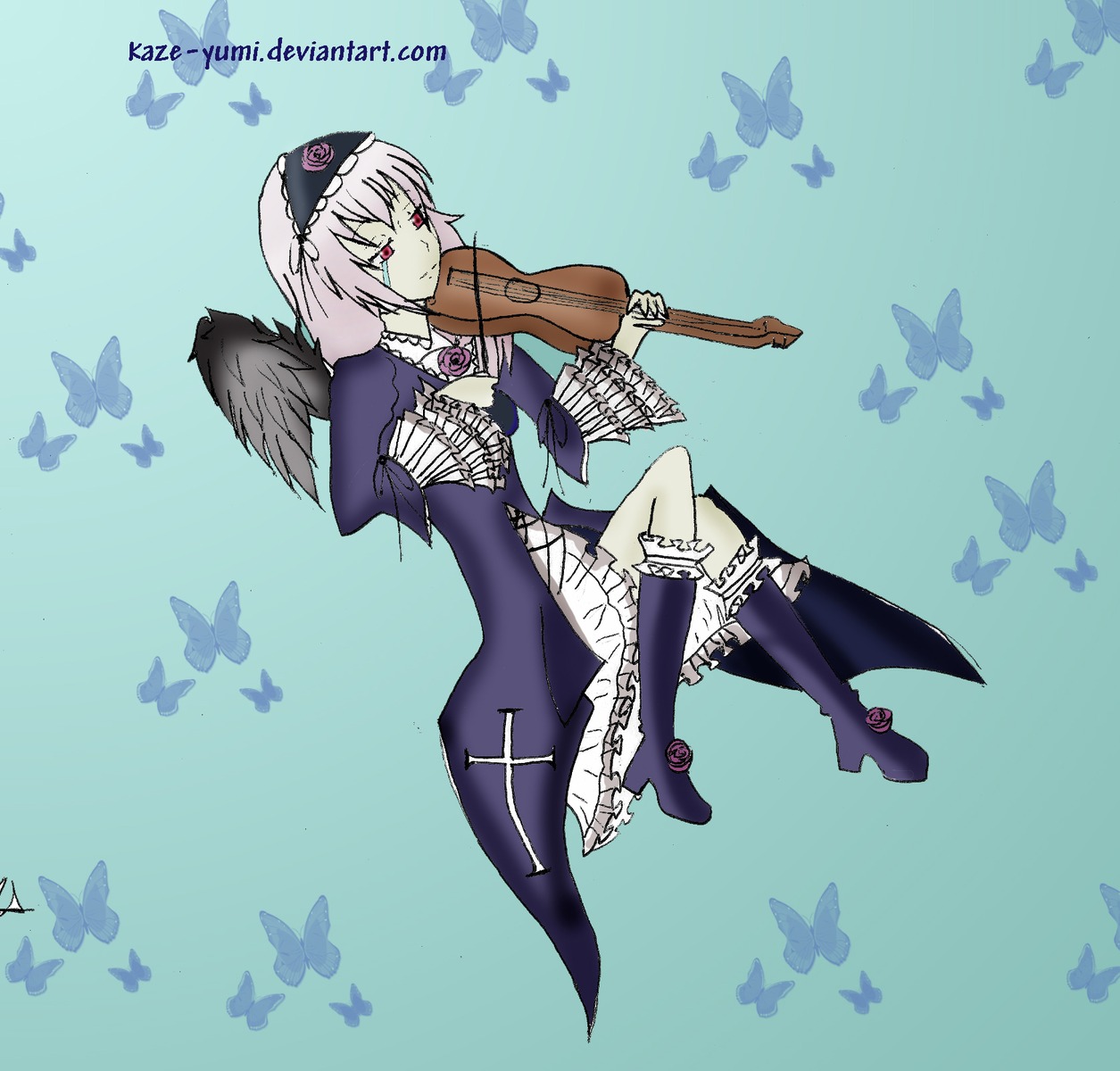 1girl animal blue_butterfly bug butterfly butterfly_hair_ornament butterfly_net butterfly_print butterfly_wings dragonfly dress electric_guitar flower guitar hairband hand_net image insect instrument lolita_hairband mustache saigyouji_yuyuko silver_hair solo spider squiggle suigintou wings