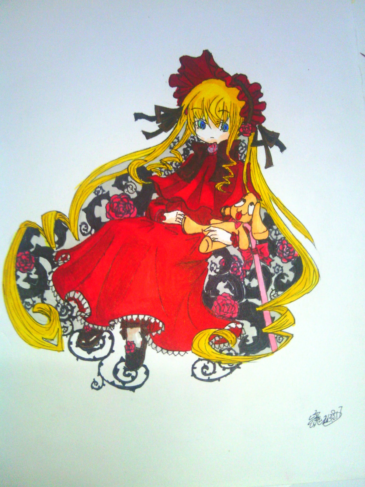 1girl blonde_hair blue_eyes bonnet bow dress flower full_body image long_hair long_sleeves looking_at_viewer red_dress rose shinku shoes signature solo standing stuffed_animal traditional_media twintails very_long_hair