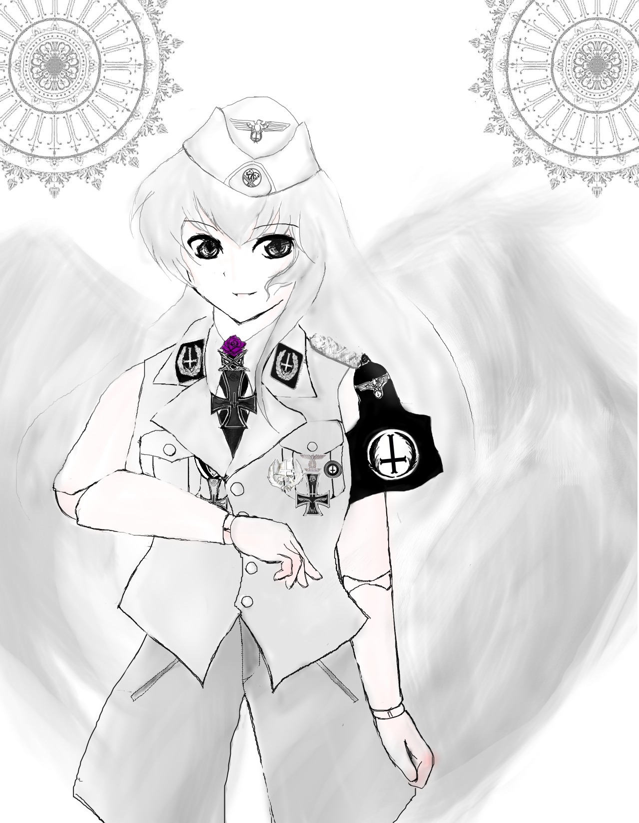 1girl greyscale hat image long_sleeves military military_uniform monochrome smile solo suigintou uniform