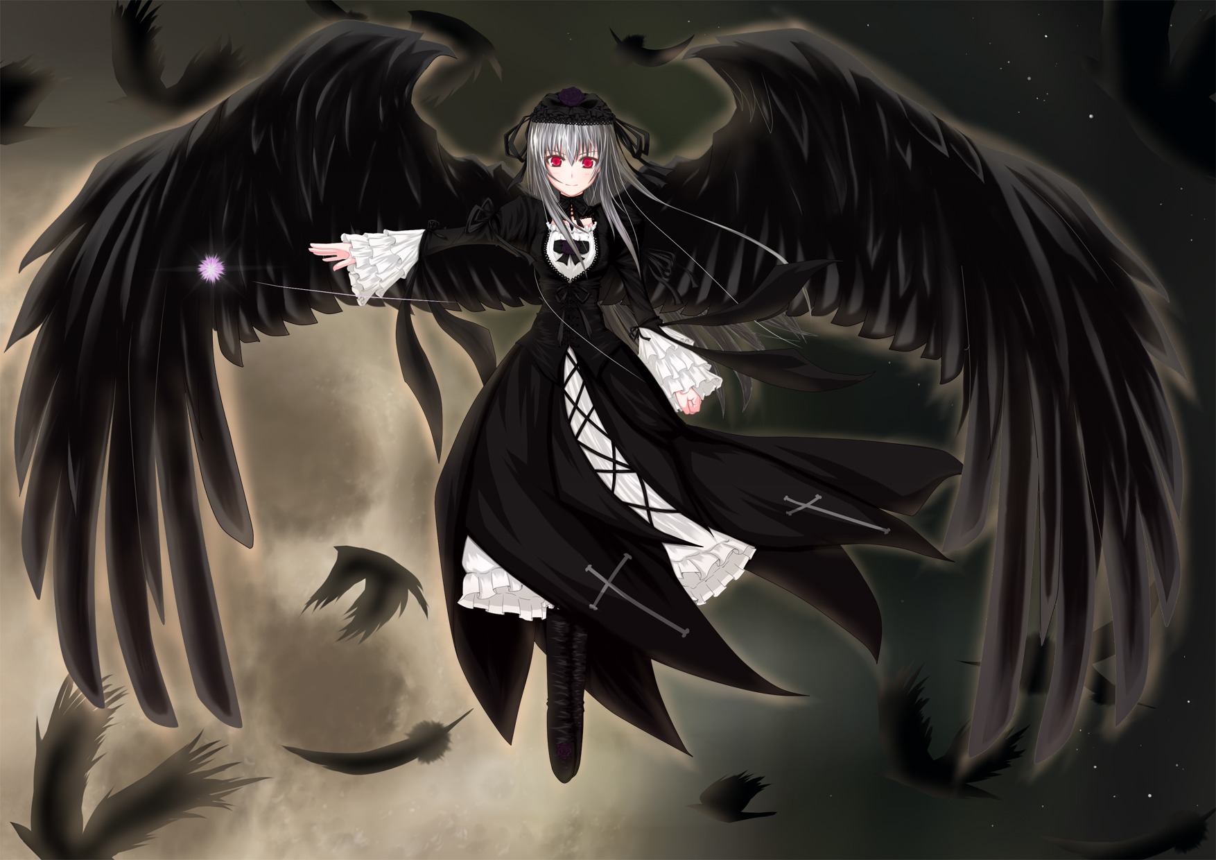 1girl bird black_dress black_feathers black_wings dress feathered_wings feathers flower frills full_body hat image long_hair long_sleeves looking_at_viewer red_eyes rose silver_hair sky solo suigintou wide_sleeves wings