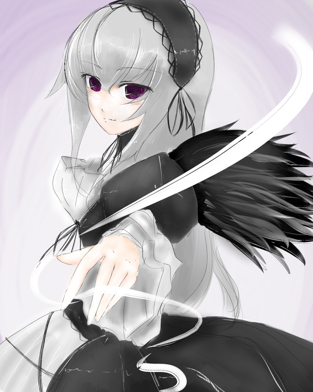 1girl black_dress black_ribbon black_wings closed_mouth dress feathered_wings frills gothic_lolita hairband image juliet_sleeves lolita_fashion long_hair long_sleeves looking_at_viewer rain ribbon silver_hair smile solo suigintou wings