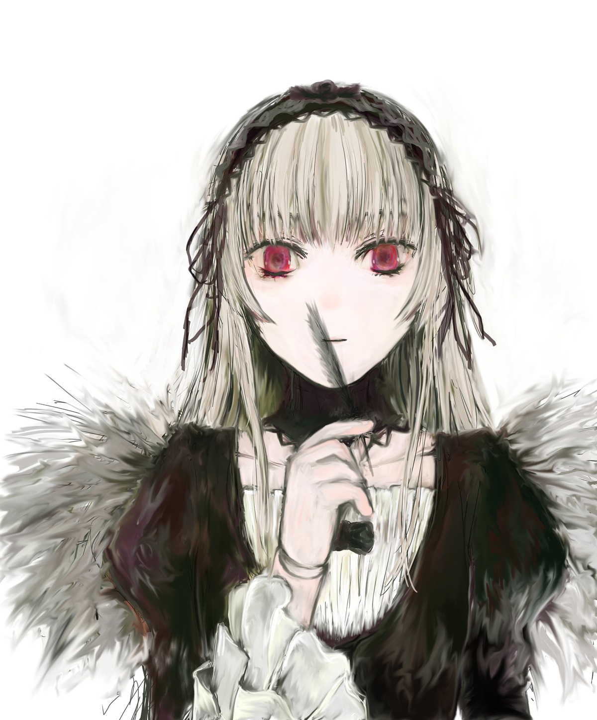 1girl bangs closed_mouth dress fur_trim hairband holding image long_hair long_sleeves looking_at_viewer red_eyes silver_hair simple_background solo suigintou upper_body white_background