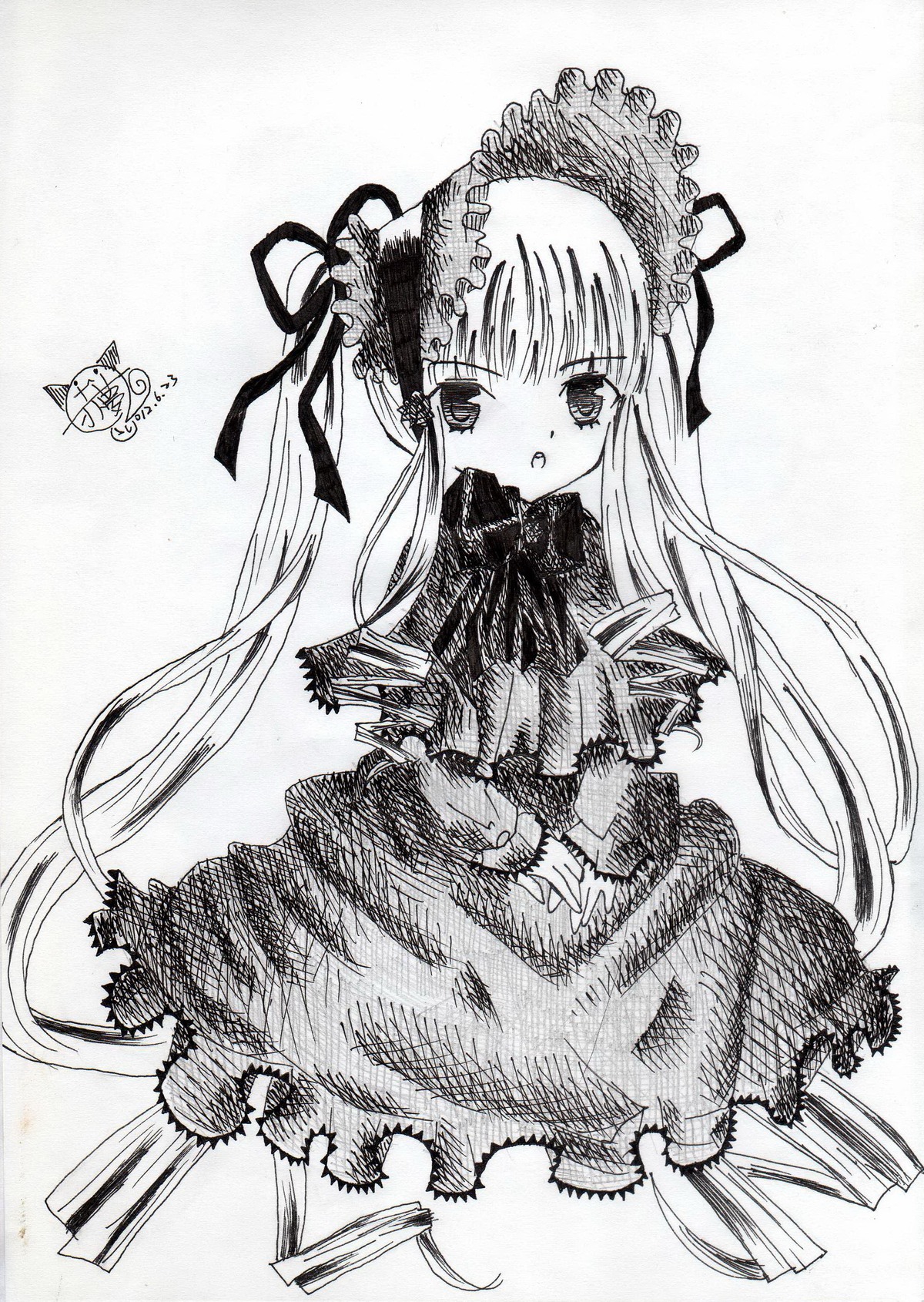 1girl blush capelet dress greyscale image long_hair long_sleeves looking_at_viewer monochrome ribbon shinku solo twintails very_long_hair