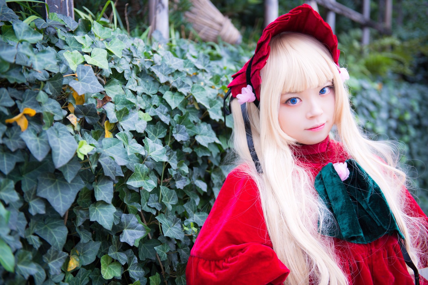 1girl bangs blue_eyes blurry bonnet closed_mouth day depth_of_field flower lips long_hair looking_at_viewer outdoors red_dress shinku solo upper_body white_hair