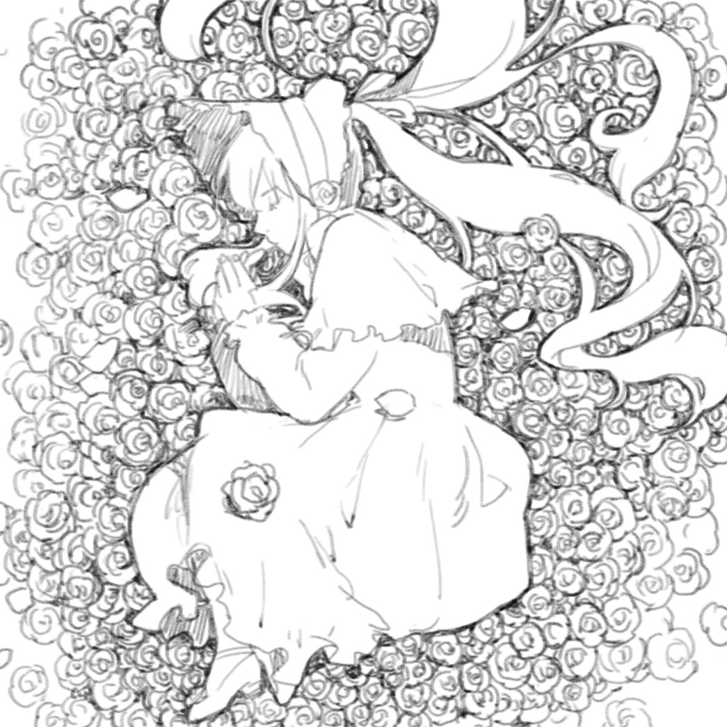 1girl closed_eyes flower greyscale hat image komeiji_satori lineart long_sleeves lying monochrome rose shinku short_hair solo third_eye thorns too_many white_flower white_rose