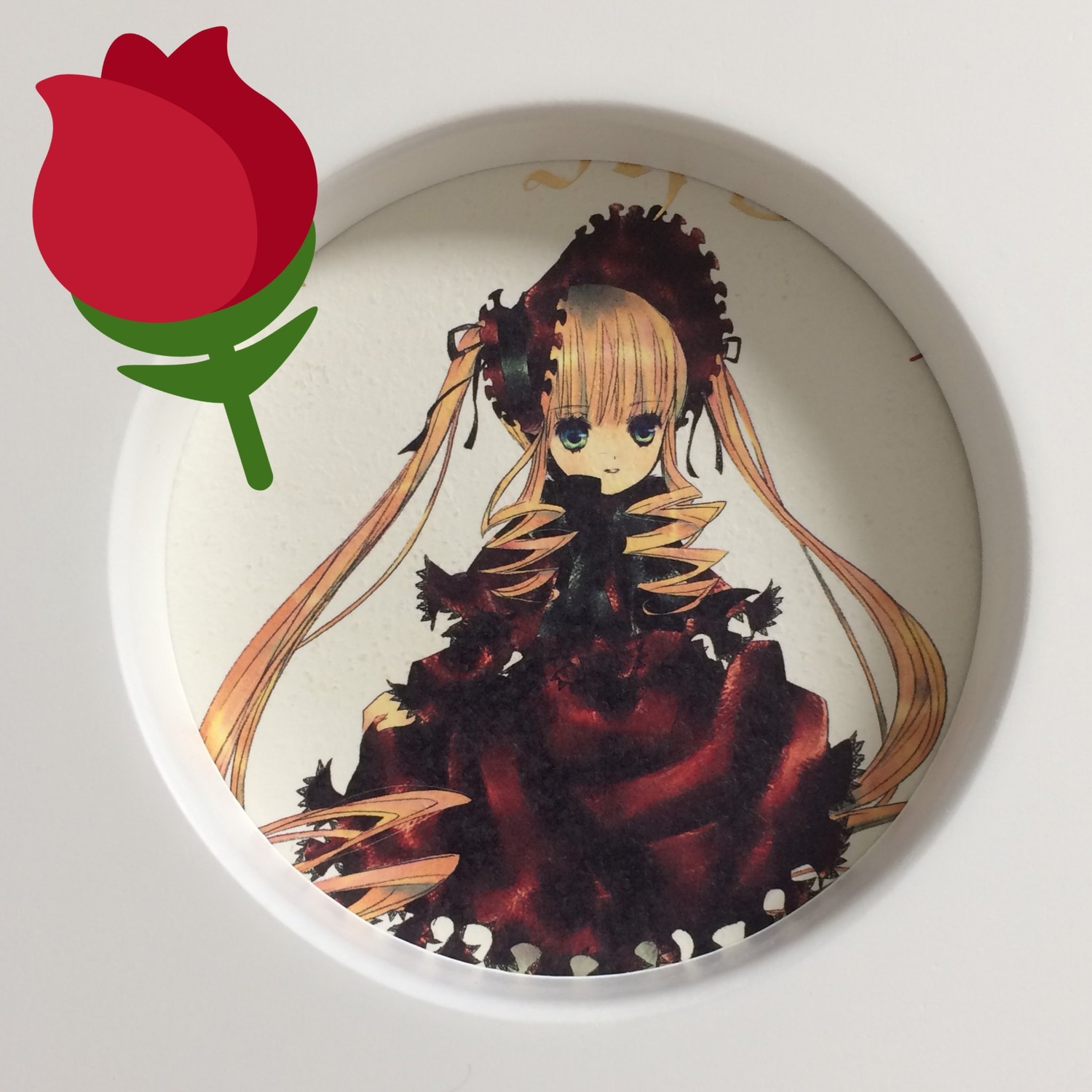1girl blonde_hair bonnet dress drill_hair image long_hair long_sleeves looking_at_viewer looking_back photo red_dress shinku smile solo traditional_media twintails very_long_hair