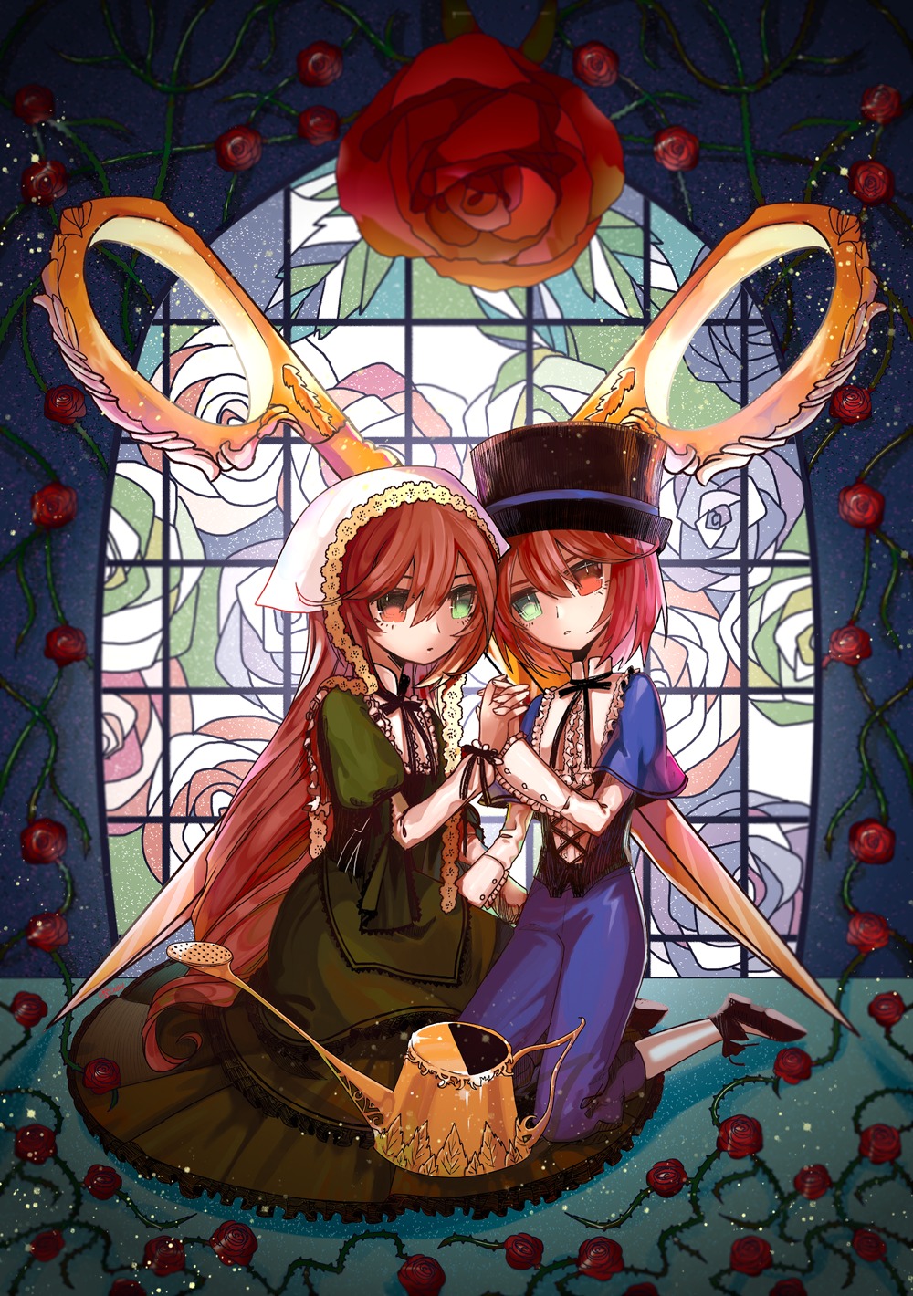 2girls blue_rose bonnet braid choker dress flower green_dress green_eyes hat heterochromia holding_hands image interlocked_fingers lolita_fashion long_hair multiple_girls pair plant purple_rose red_flower red_hair red_rose rose short_hair siblings sisters souseiseki suiseiseki thorns twins vines weapon yellow_rose