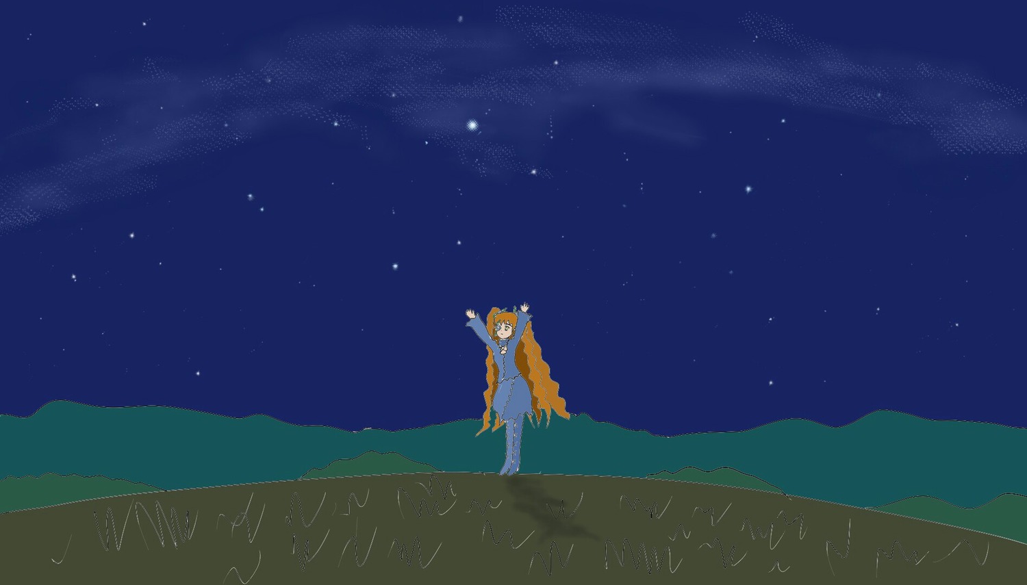 2girls animal_ears blonde_hair fox_ears fox_tail image kirakishou mountain multiple_girls night night_sky outdoors print_skirt serval_(kemono_friends) shooting_star sky solo star_(sky) starry_sky tail