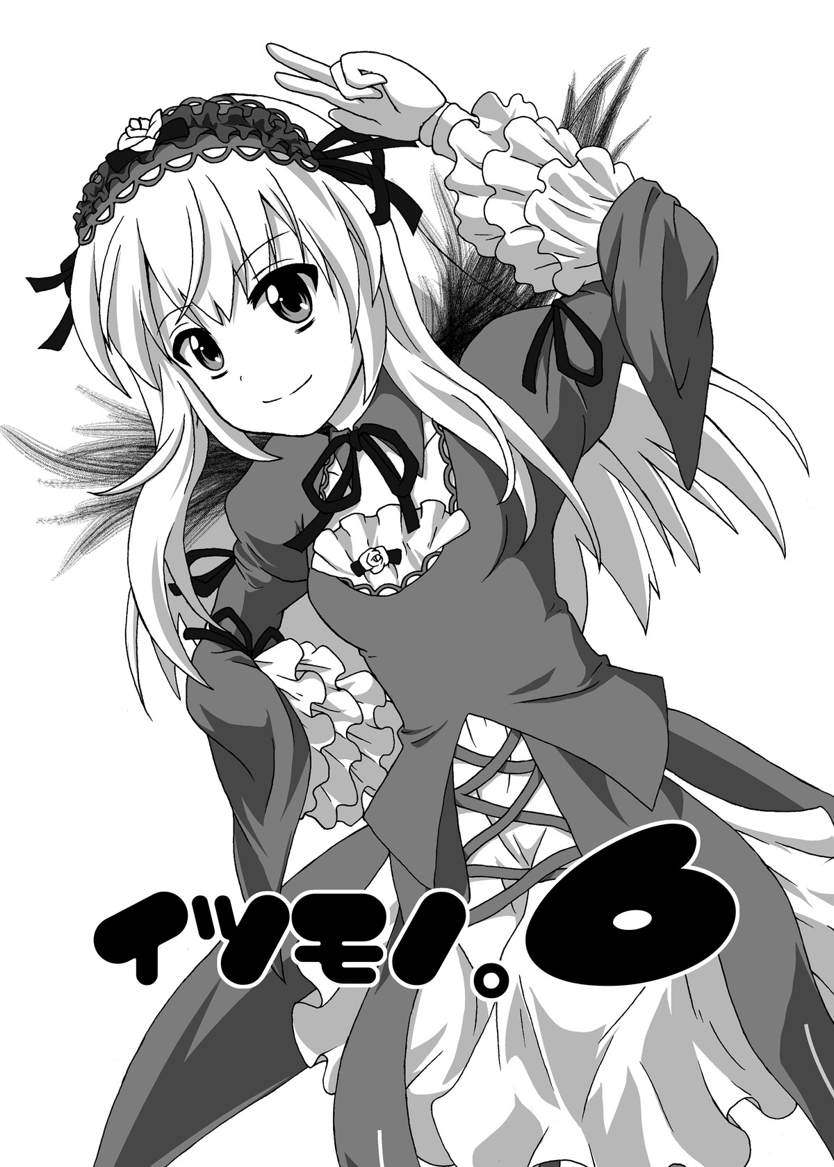 1girl dress frills greyscale hairband image lolita_hairband long_hair long_sleeves looking_at_viewer monochrome ribbon smile solo suigintou wings