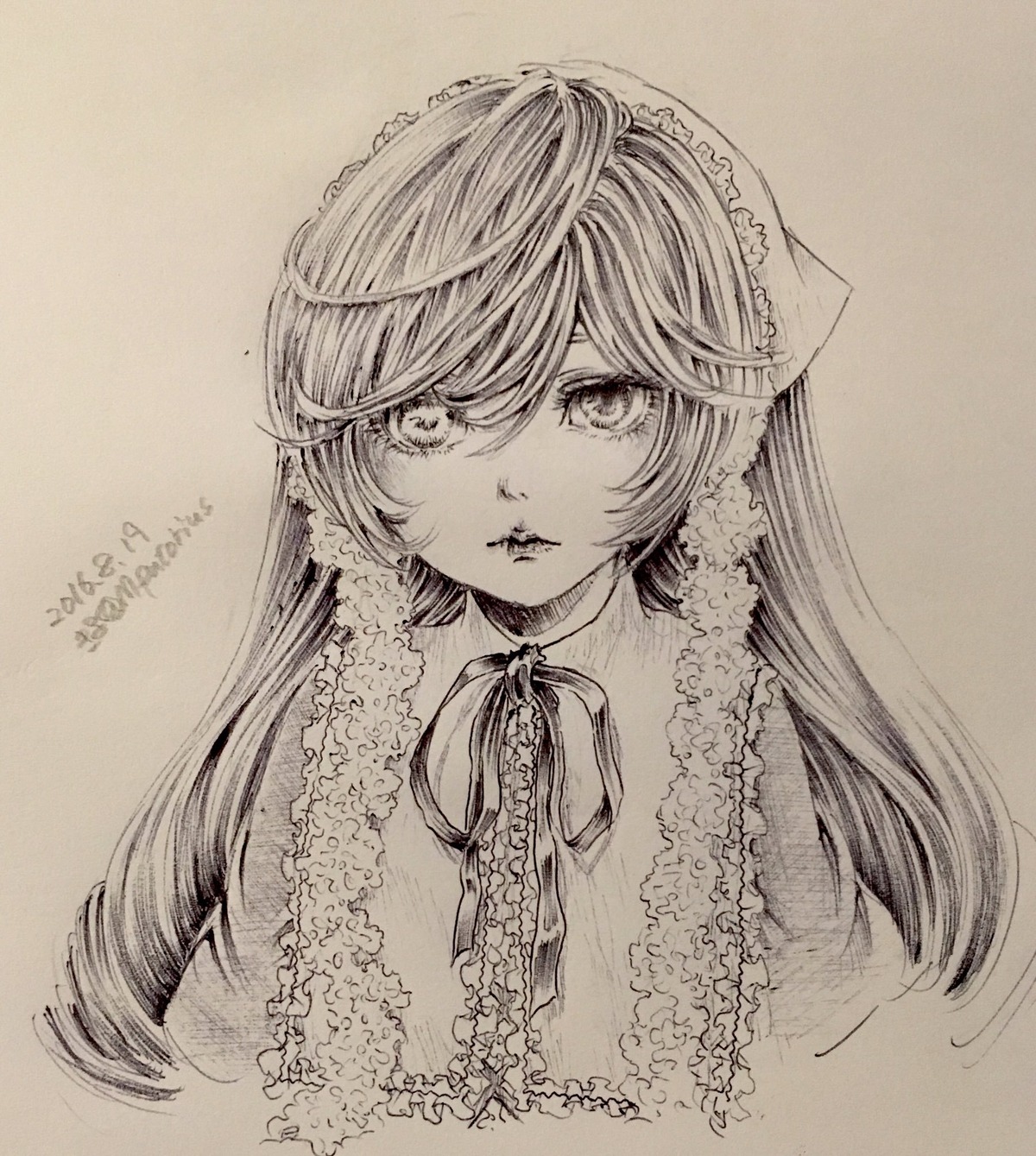 1girl artist_name bangs dated eyelashes graphite_(medium) image lips long_hair looking_at_viewer monochrome photo signature solo suiseiseki swept_bangs traditional_media upper_body