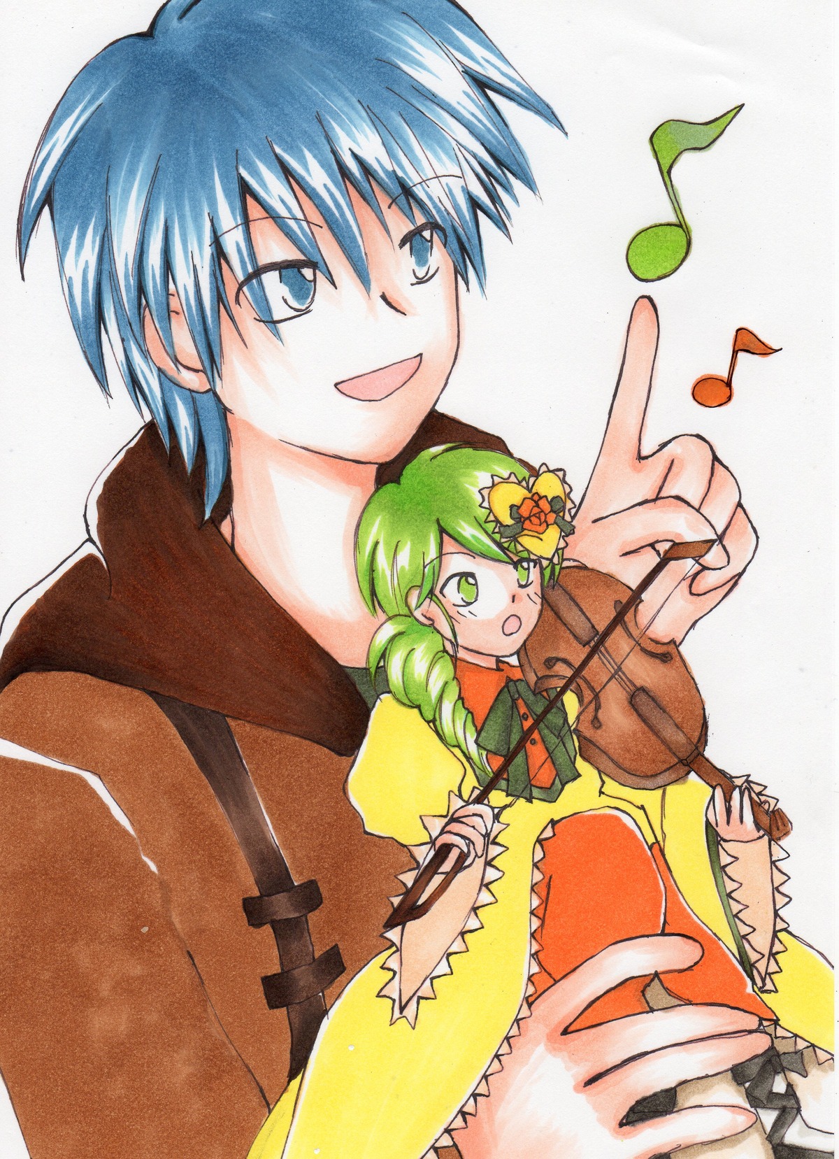 1boy 1girl acoustic_guitar beamed_eighth_notes beamed_sixteenth_notes blue_eyes blue_hair bow drill_hair eighth_note electric_guitar green_eyes green_hair guitar image instrument kanaria marker_(medium) music musical_note playing_instrument plectrum quarter_note singing sixteenth_note solo spoken_musical_note traditional_media violin