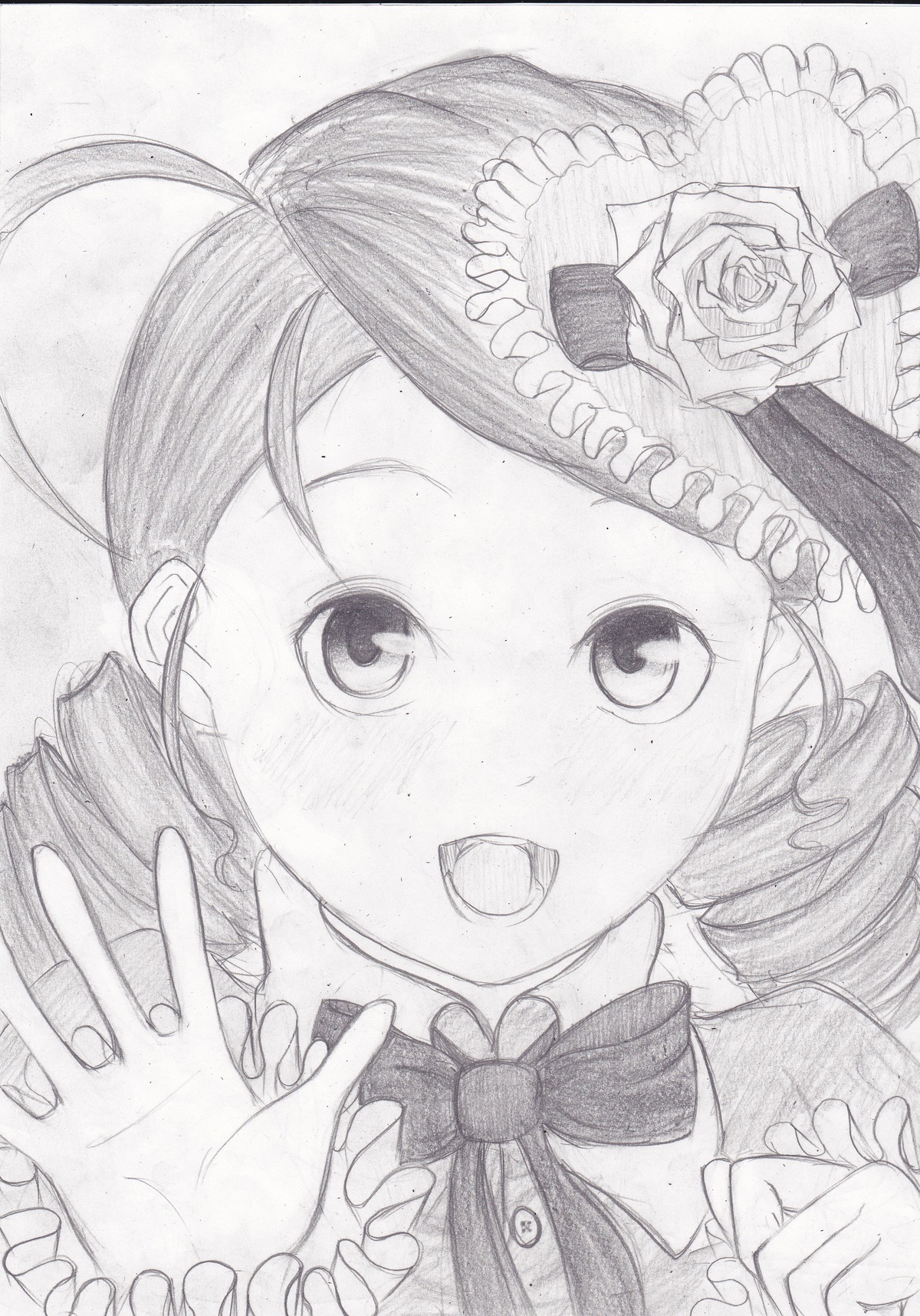 1girl blush drill_hair flower graphite_(medium) greyscale hands hat hat_flower holding_hands image kanaria looking_at_viewer monochrome open_mouth ribbon rose solo top_hat traditional_media twin_drills
