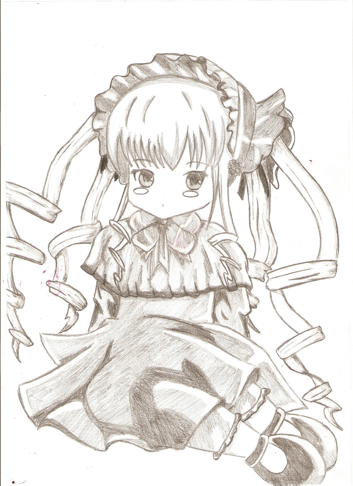 1girl blush bonnet drill_hair graphite_(medium) greyscale image long_hair long_sleeves monochrome shinku shoes solo traditional_media twin_drills twintails