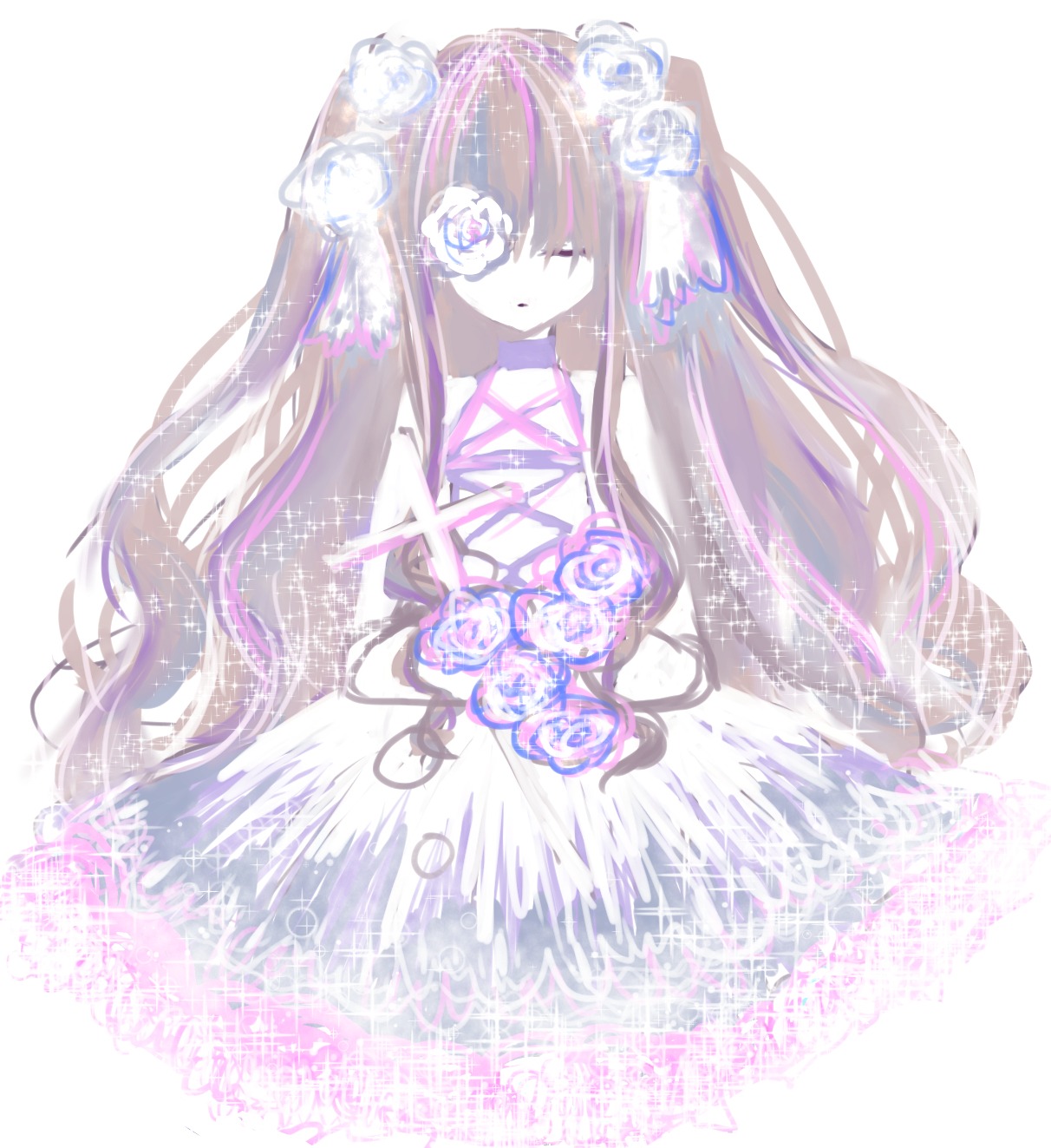 1girl blue_flower blue_rose choker closed_eyes dress flower hair_flower hair_ornament image kirakishou long_hair multicolored_hair purple_flower purple_rose rose solo white_flower white_rose