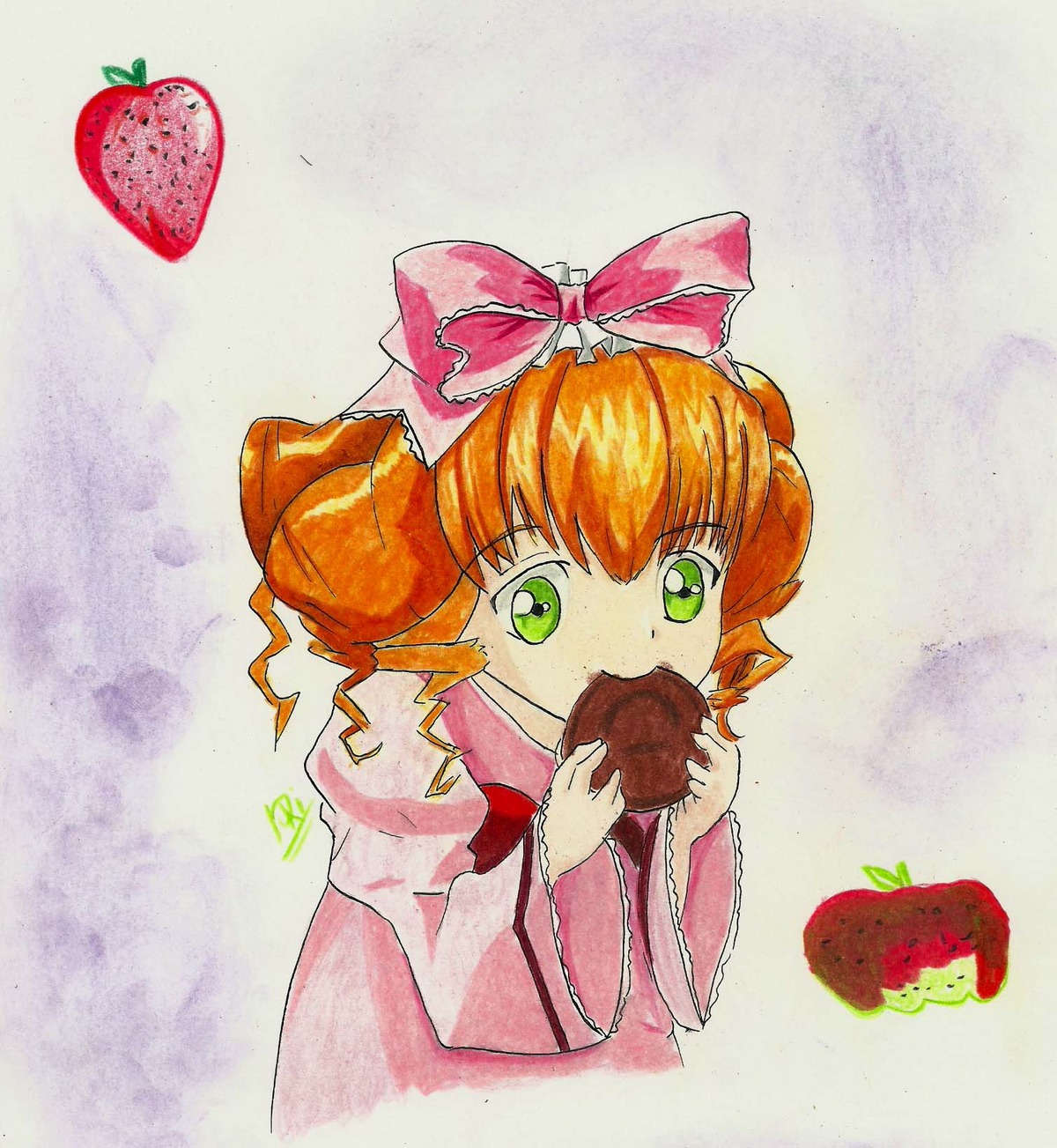 1990s_(style) 1girl apple bow curly_hair dress drill_hair eating food fruit green_eyes hair_bow hina_ichigo hinaichigo holding_food holding_fruit image long_sleeves looking_at_viewer object_namesake orange_hair pink_bow pink_dress solo strawberry tomato traditional_media twin_drills watermelon