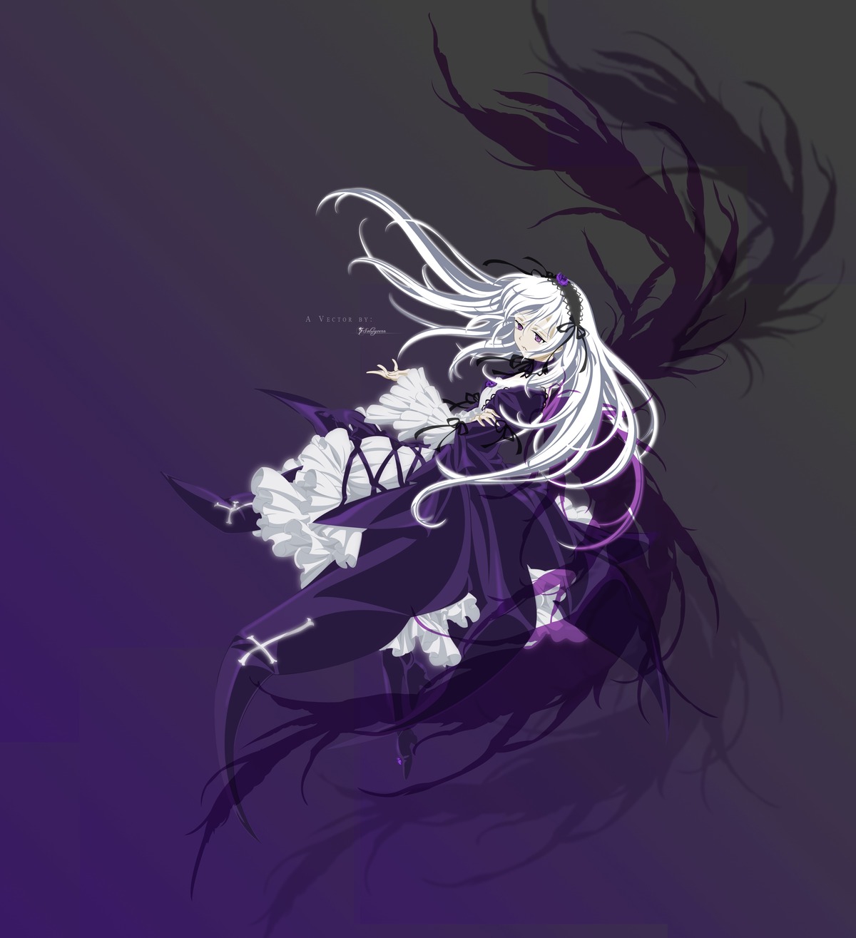 1girl black_wings dress floating_hair flower frilled_sleeves frills full_body hairband image long_hair long_sleeves purple_flower purple_rose rose silver_hair solo suigintou very_long_hair wide_sleeves wings